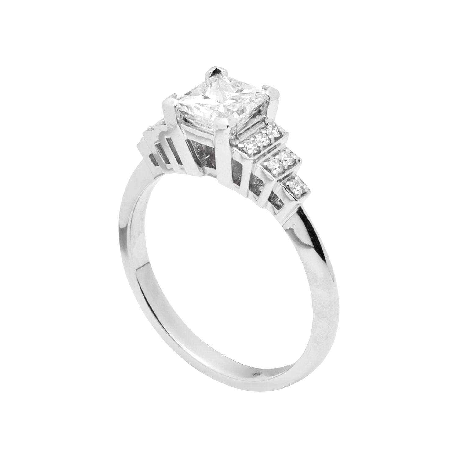 Faith Jewels Empire diamond engagement ring featuring a Princess cut center diamond, flanked by Brilliant cut diamond steps, inspired by Art Deco and the Empire State Building