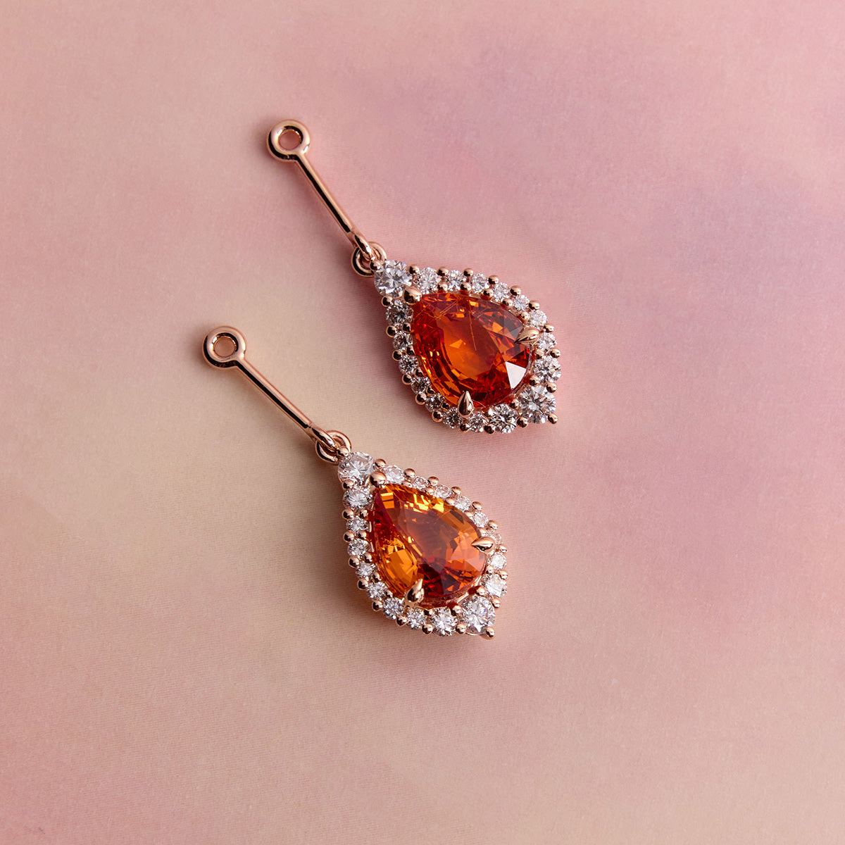 Orange sapphire diamond enhancer earrings 18k rose gold pear cut sapphire halo jacket earrings versatile stud enhancers elegant fine jewellery