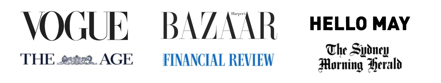 Logos of Vogue, The Age, Harper's Bazaar, Financial Review, Hello May, and The Sydney Morning Herald.