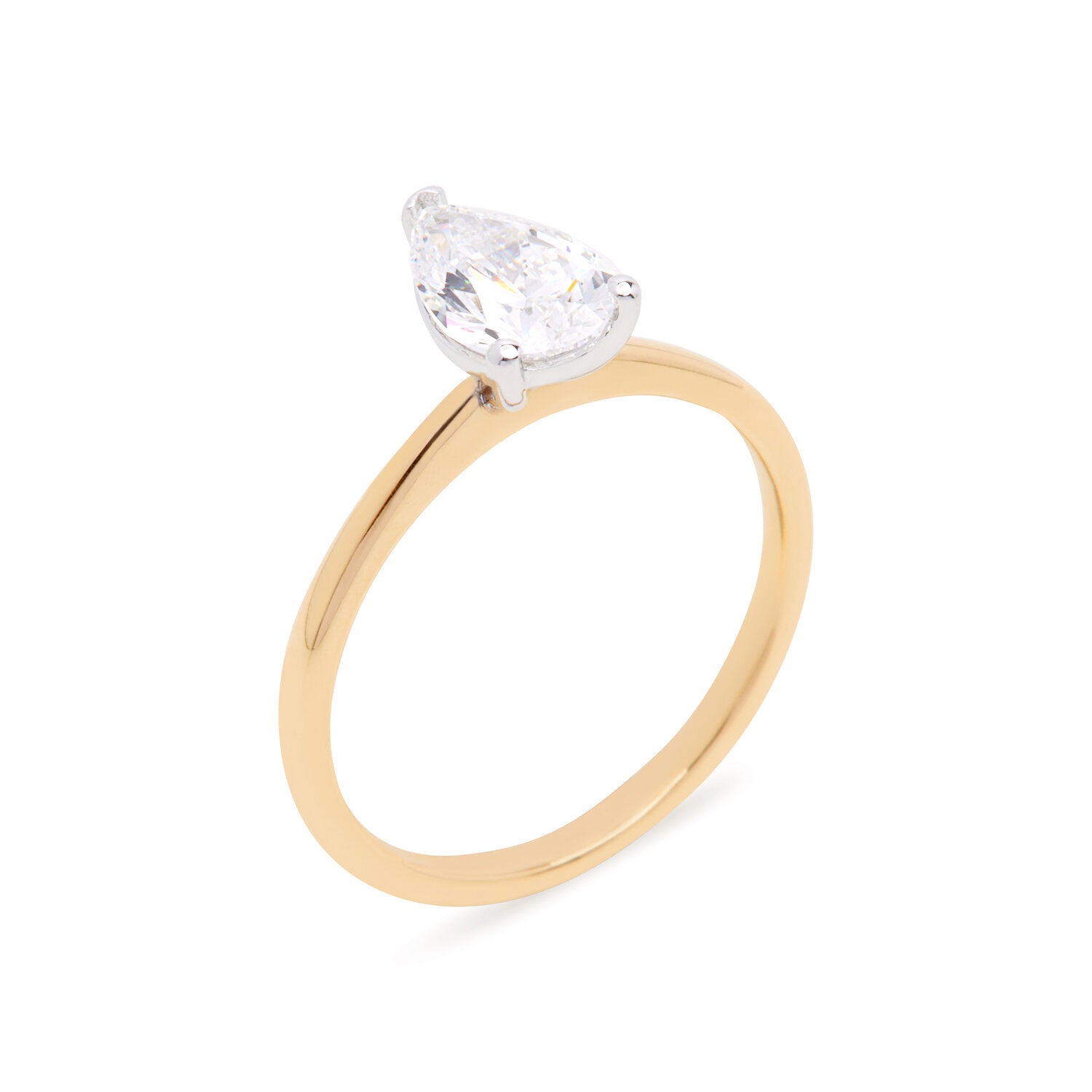 Faith Jewels Bridget Engagement Ring featuring a pear-shaped diamond held by a three-prong setting, elegantly set on a polished yellow gold band