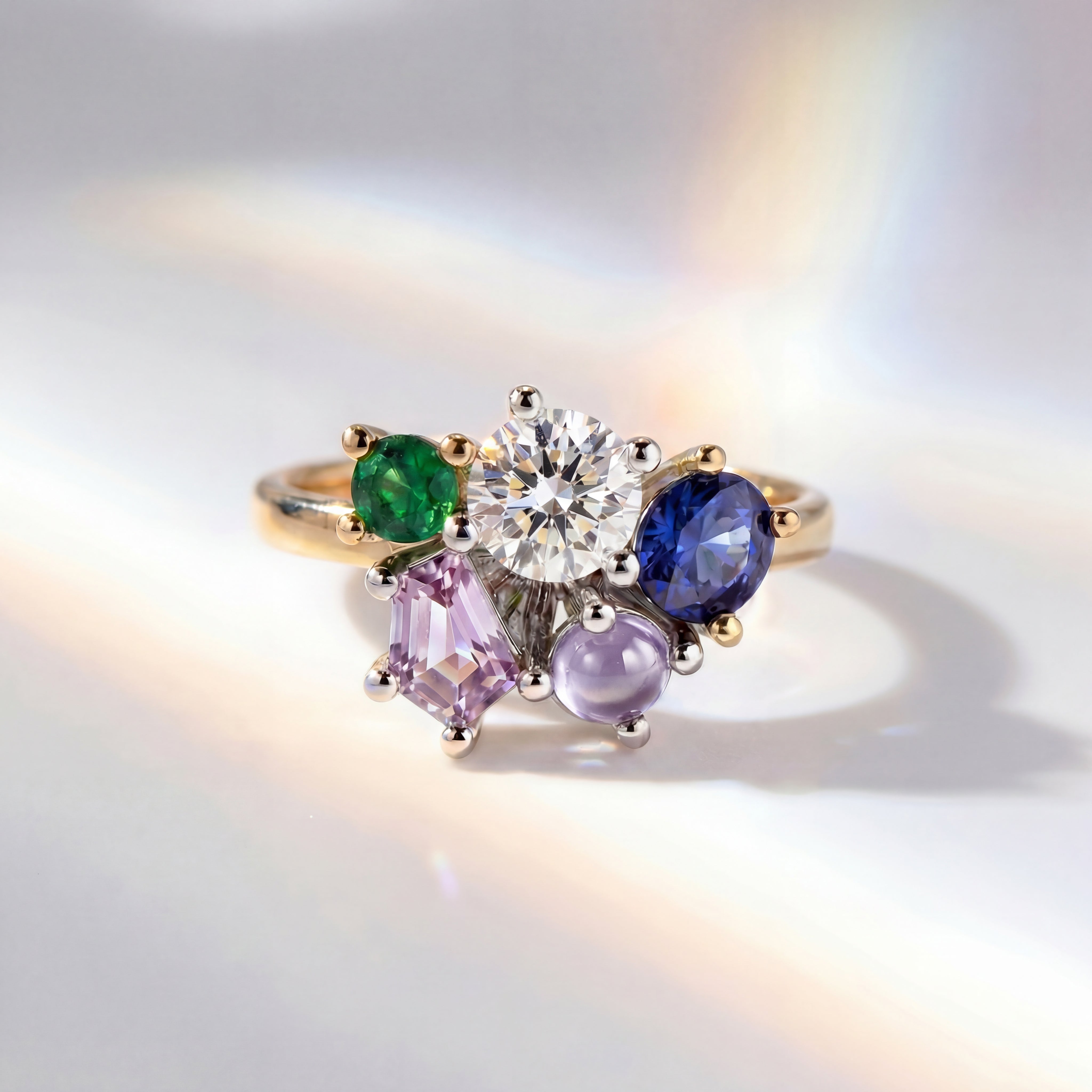 birthstone bouquet ring 18k yellow gold heirloom diamond sapphire spinel family motherhood cluster ring elegant design