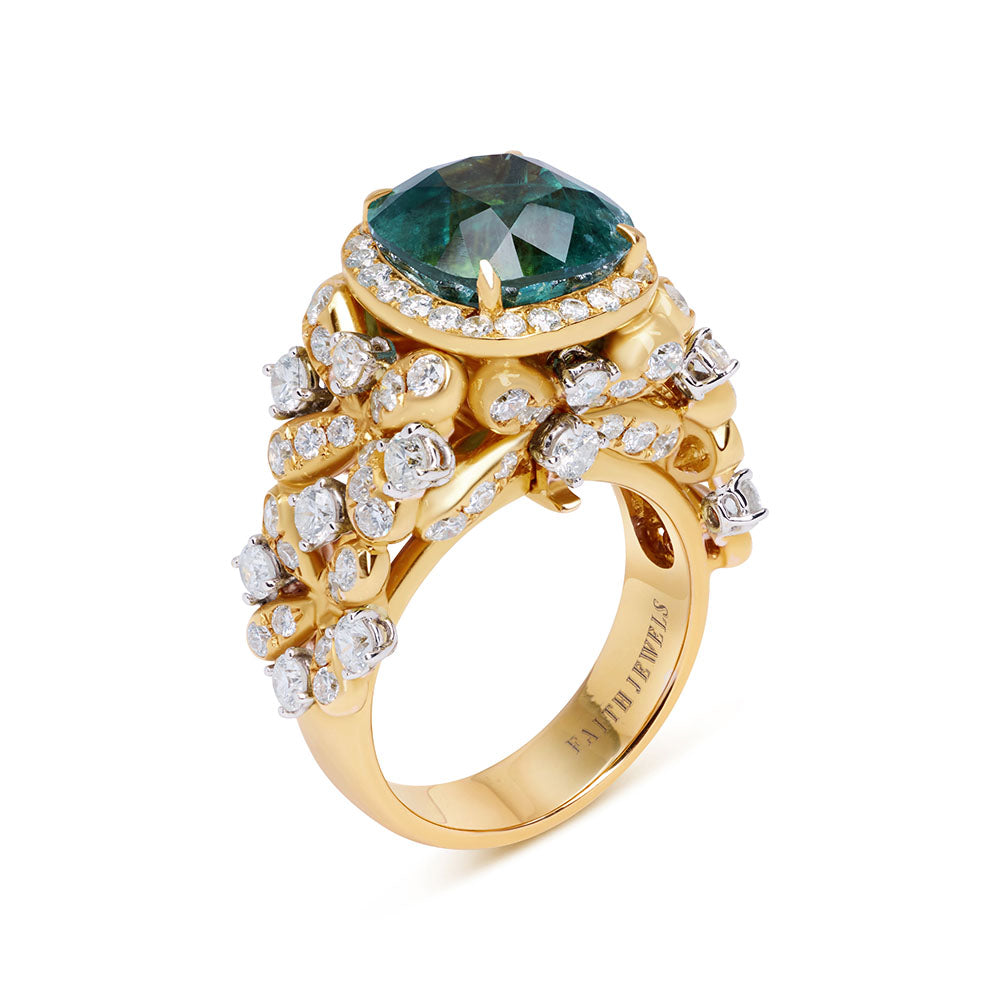 Yellow gold Grandiflora ring with a detachable 4.57 ct blue-green tourmaline.