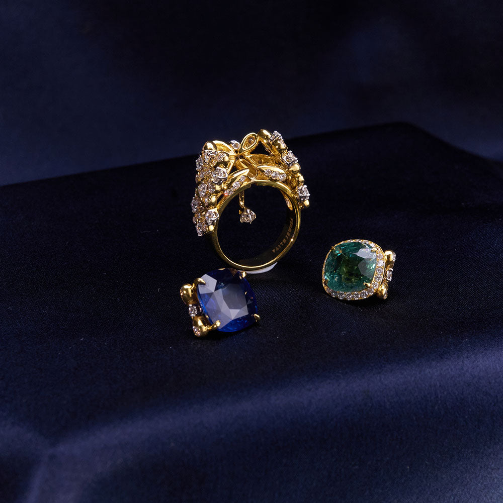 Yellow gold Grandiflora ring with a detachable blue-green tourmaline and sapphire, white diamond floral wreath pendant on a 45cm chain