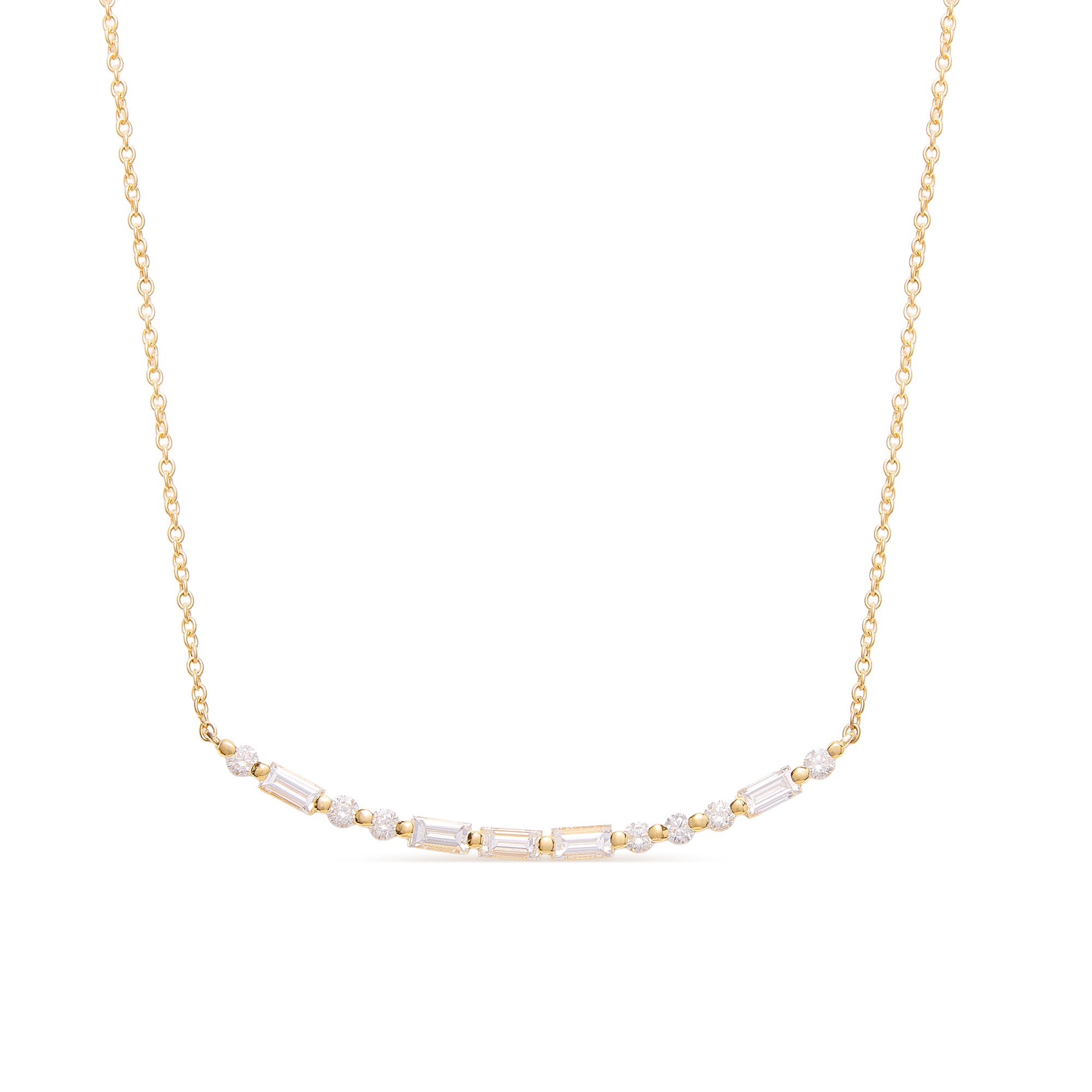 Faith Jewels 18k Yellow gold bar necklace with round and baguette diamonds spelling “LOVE” in Morse code.