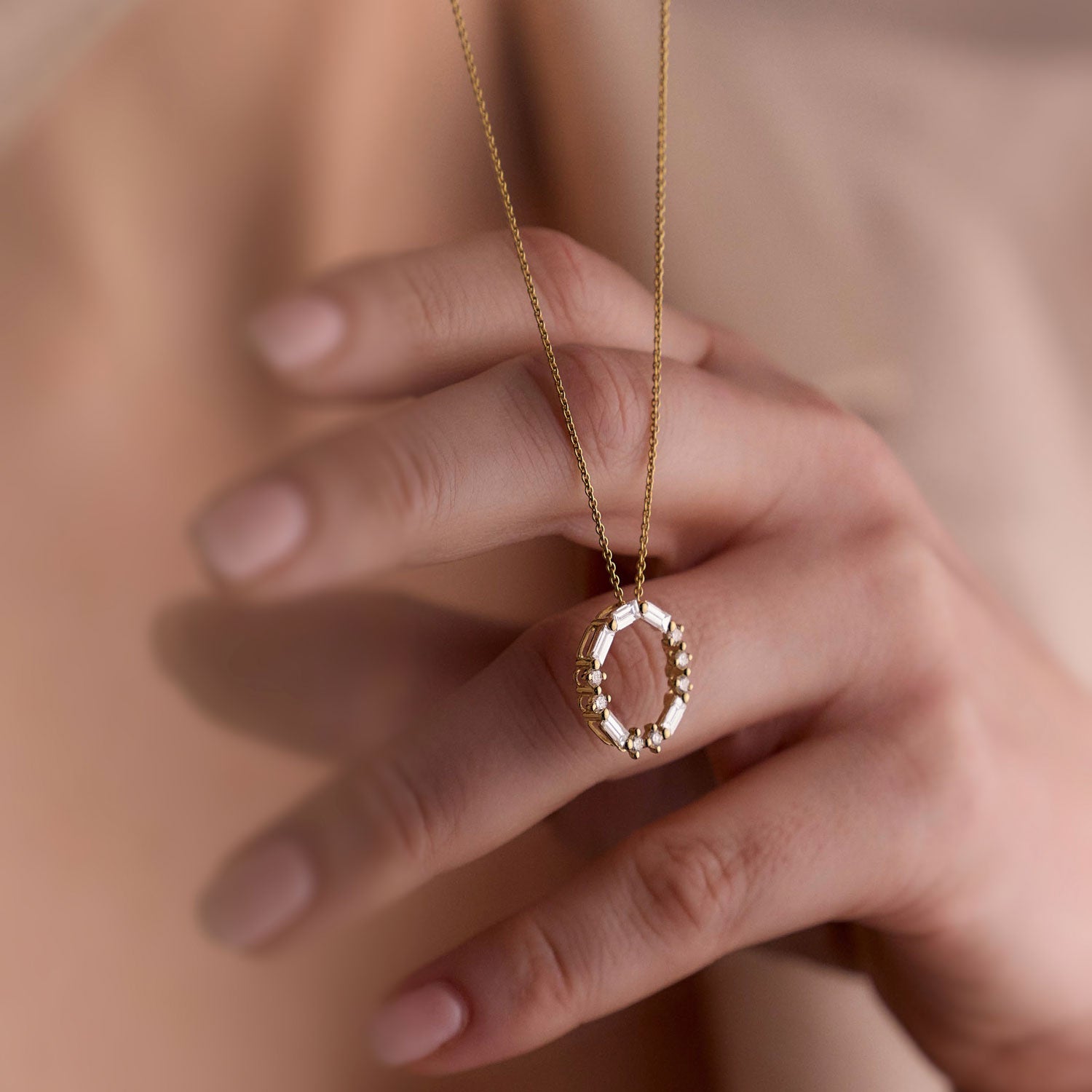 FJ 18k Yellow gold circle pendant with round and baguette diamonds spelling “LOVE” in Morse code.