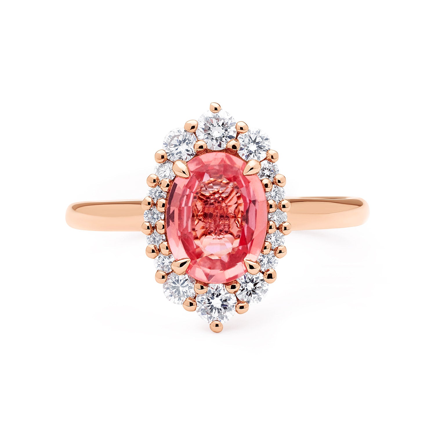Unique Oval Padparadscha sapphire ring with round diamond halo, 18k rose gold setting.