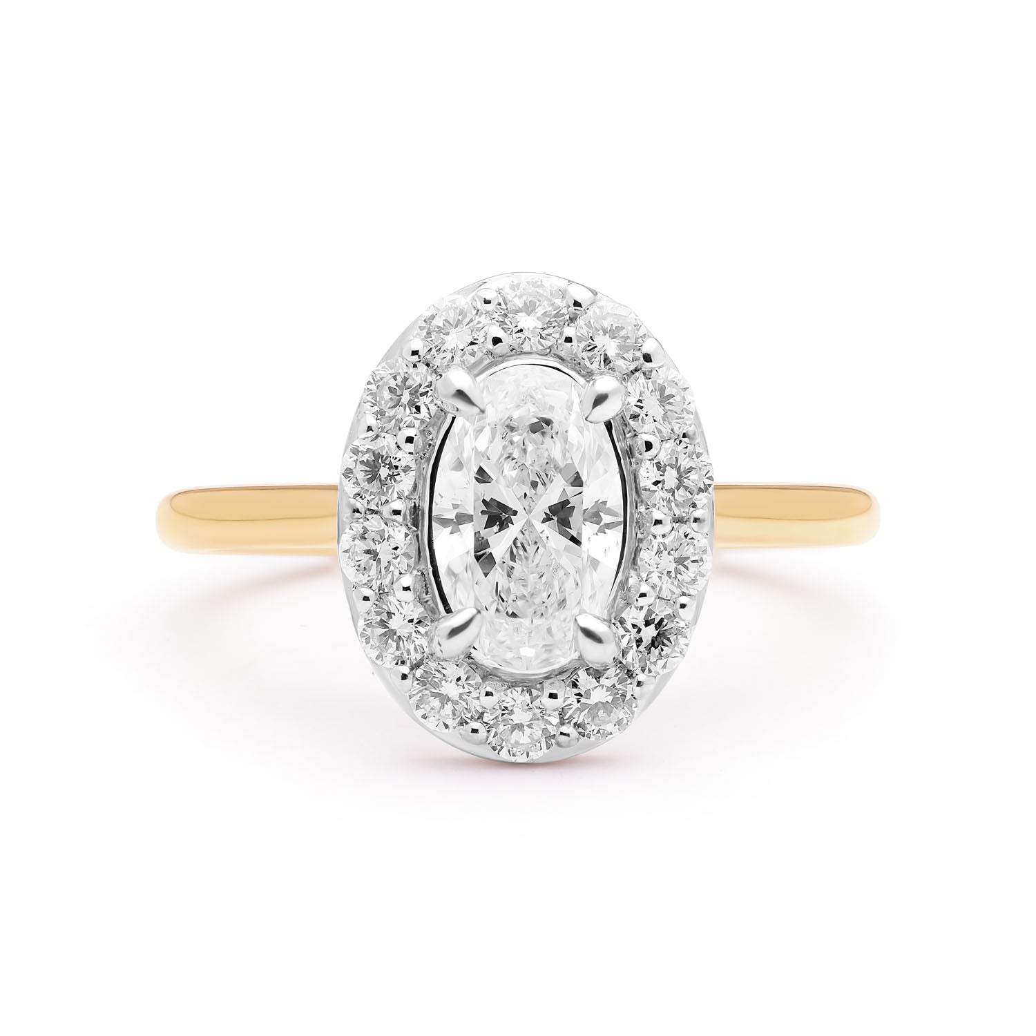 Faith Jewels Amelia Diamond Halo engagement ring featuring an oval-shaped center diamond encircled by a halo of round brilliant diamonds, set on a sleek yellow gold band
