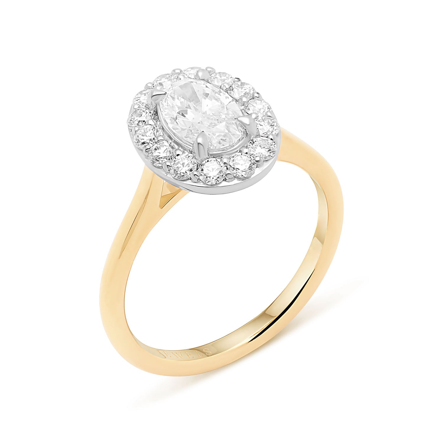 Faith Jewels Amelia Diamond Halo engagement ring featuring an oval-shaped center diamond encircled by a halo of round brilliant diamonds, set on a sleek yellow gold band