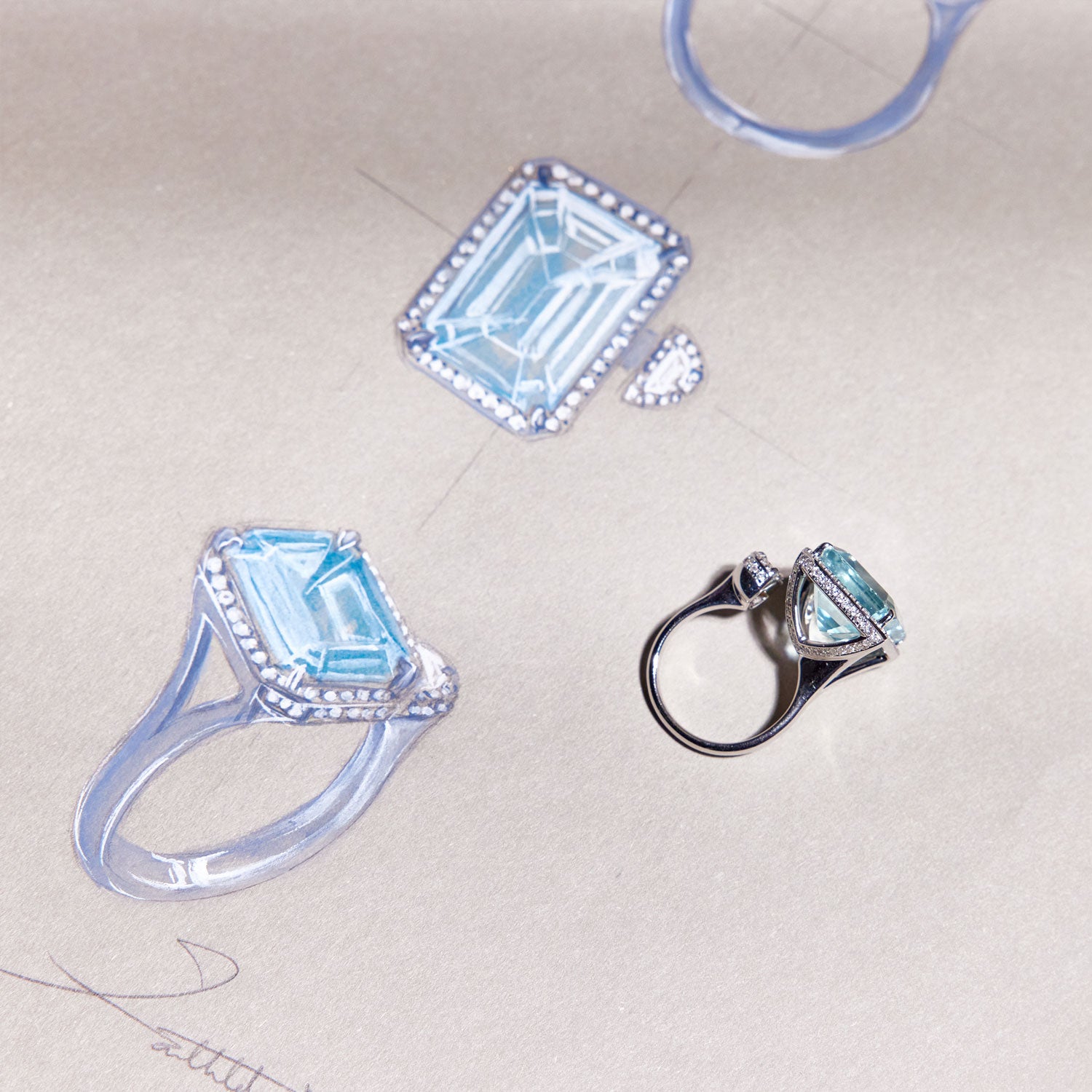 Faith Jewels Toi et Moi ring featuring a 15ct emerald-cut aquamarine and a half-moon white diamond, accented with pavé diamonds