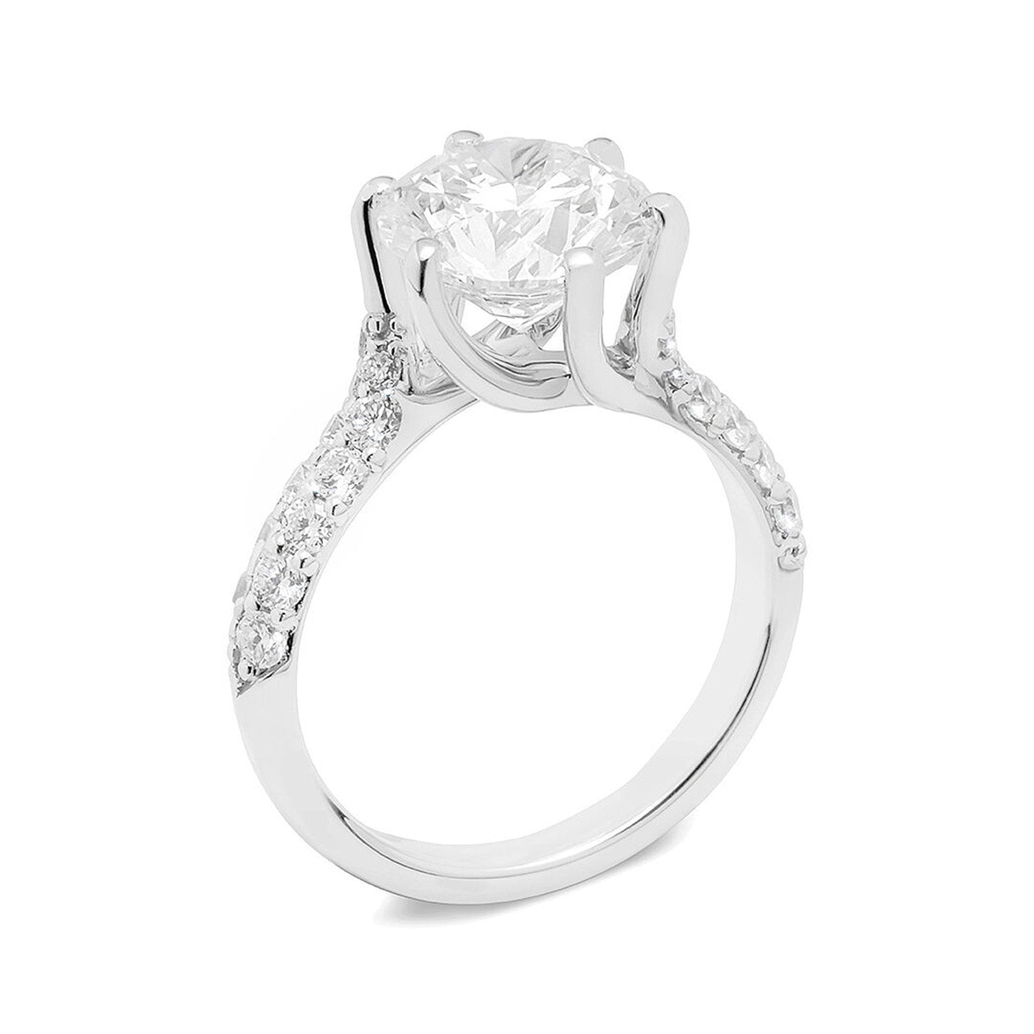 Faith Jewels Arlene diamond engagement ring with a floating round brilliant-cut diamond in a twist-setting, accented by an asymmetrical pavé diamond band