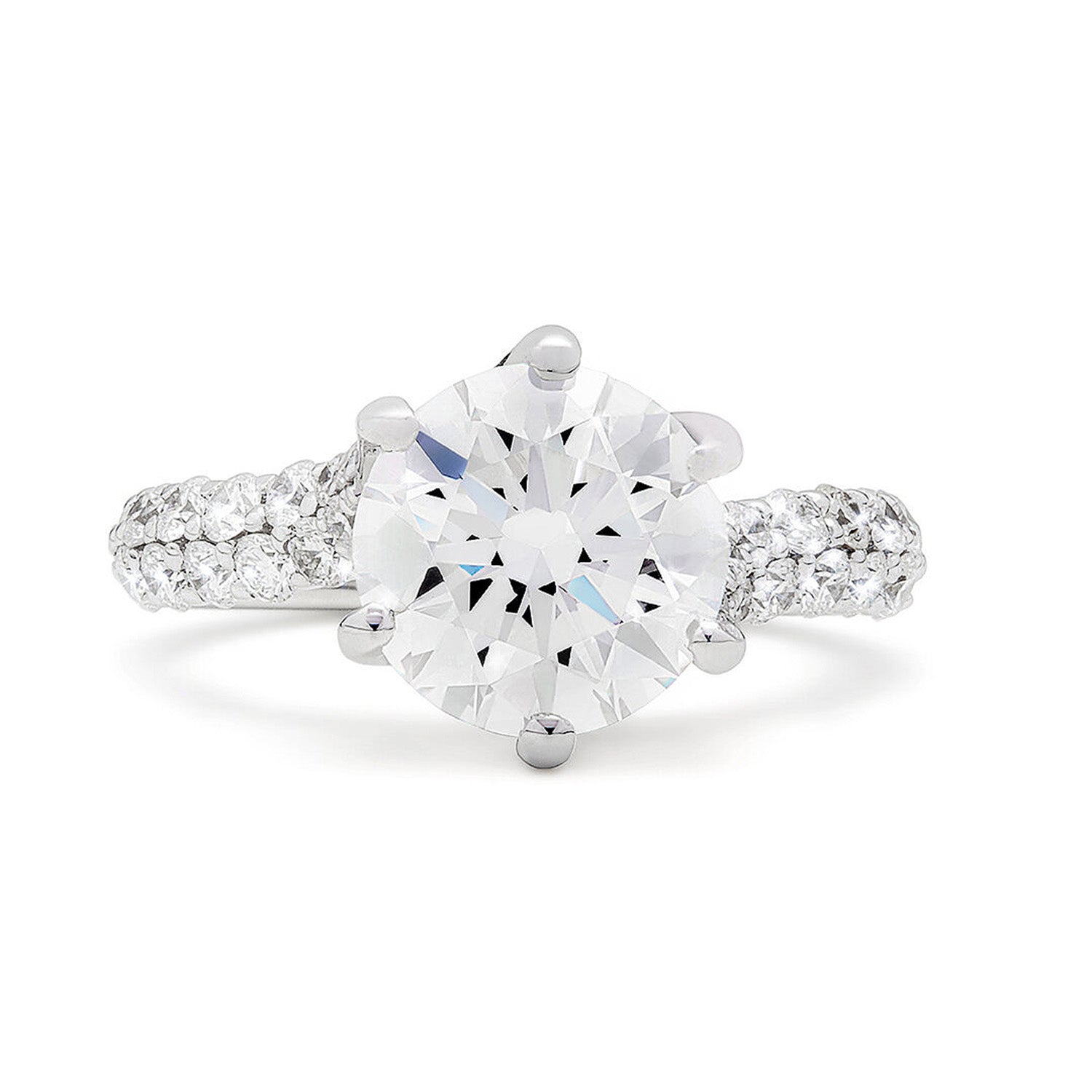 Faith Jewels Arlene diamond engagement ring with a floating round brilliant-cut diamond in a twist-setting, accented by an asymmetrical pavé diamond band