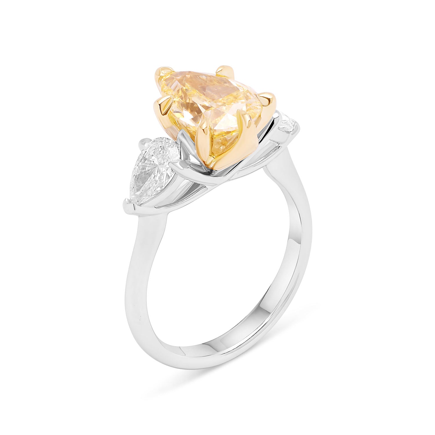 Belle Époque engagement ring with a pear-cut yellow diamond center, flanked by pear-cut white diamonds, set in 18k white gold