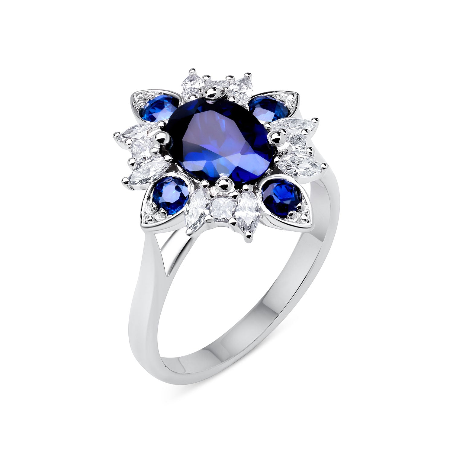 Faith Jewels Emzo ring with recut blue sapphires and white diamonds in a North Star-inspired design
