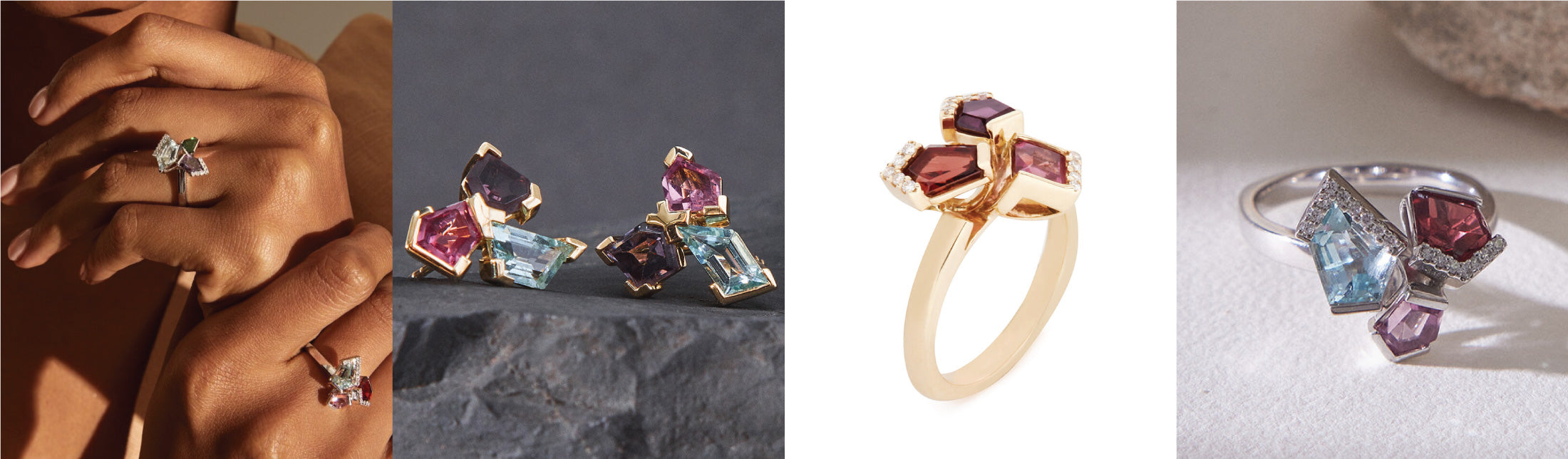 Banner with 4 images, showing coloured gemstones rings from the Bouquet collection from different views and wearing on the finger