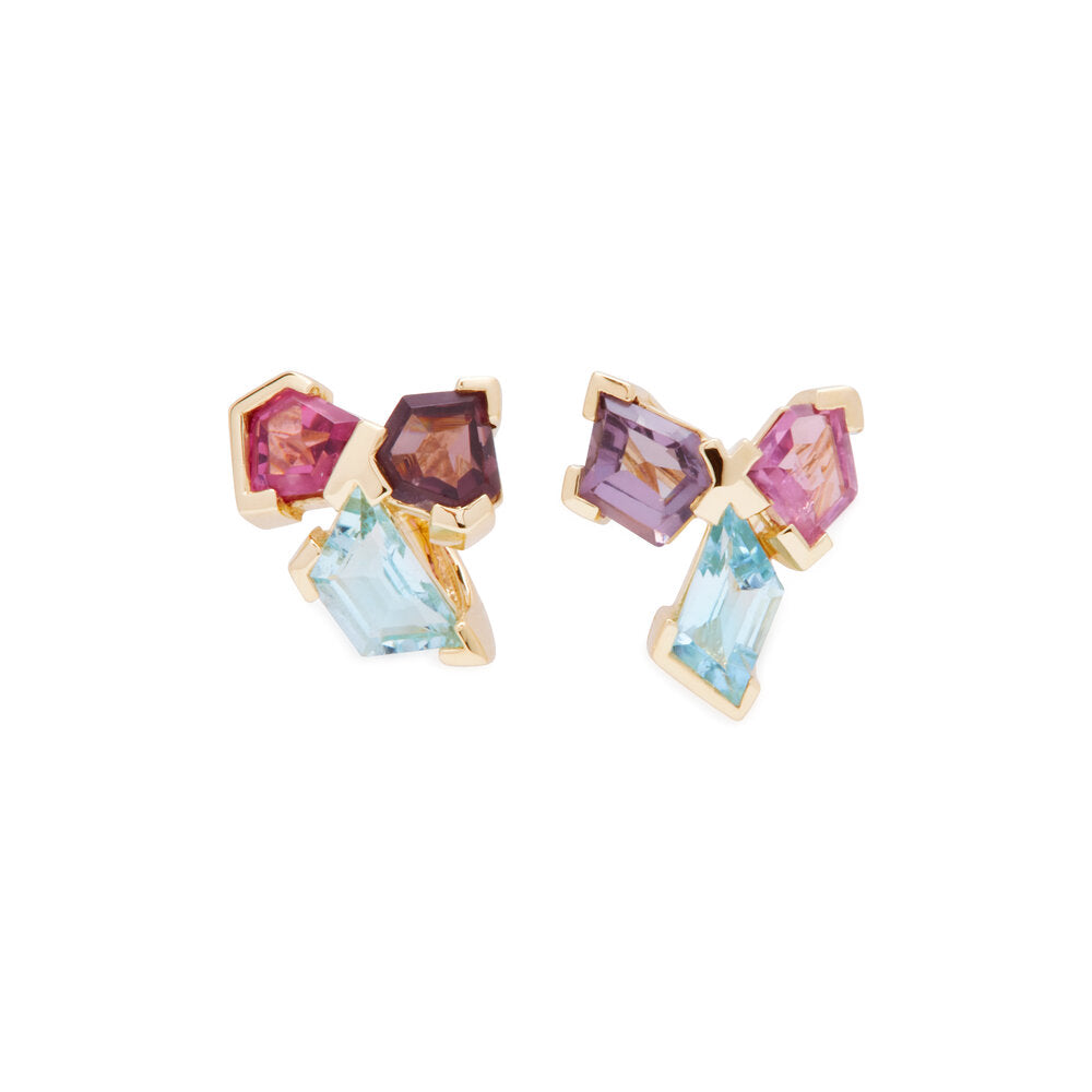 Faith Jewels Bouquet Studs featuring aquamarine, blush pink spinels, and lavender spinels in a floral-inspired design set in 9k yellow gold