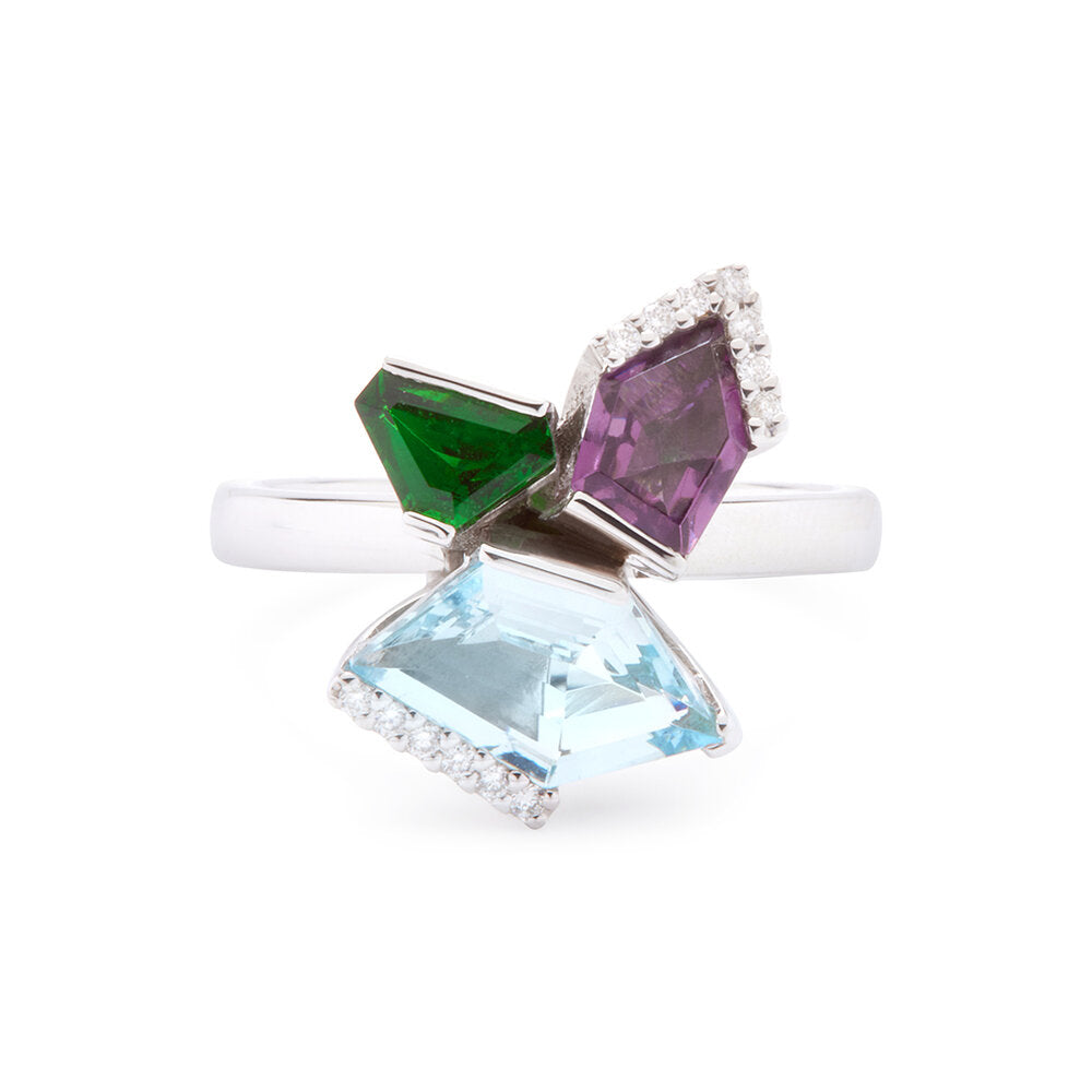 Bold Bouquet Ring featuring colourful gemstones - green tsavorite, lavender spinel, aquamarine - in 9k white gold with diamond highlights