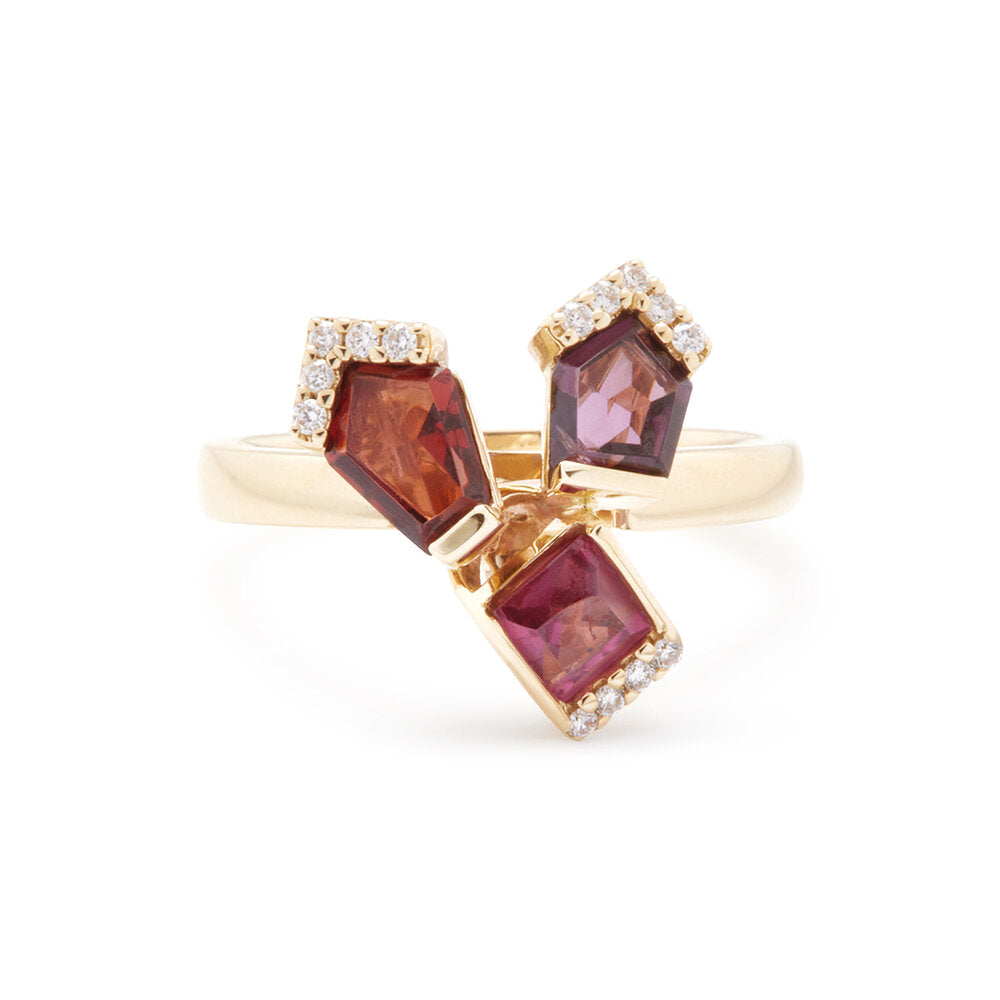 Bouquet Ring in yellow gold with colourful gemstones - pink, red, and lavender spinels with white diamond accents
