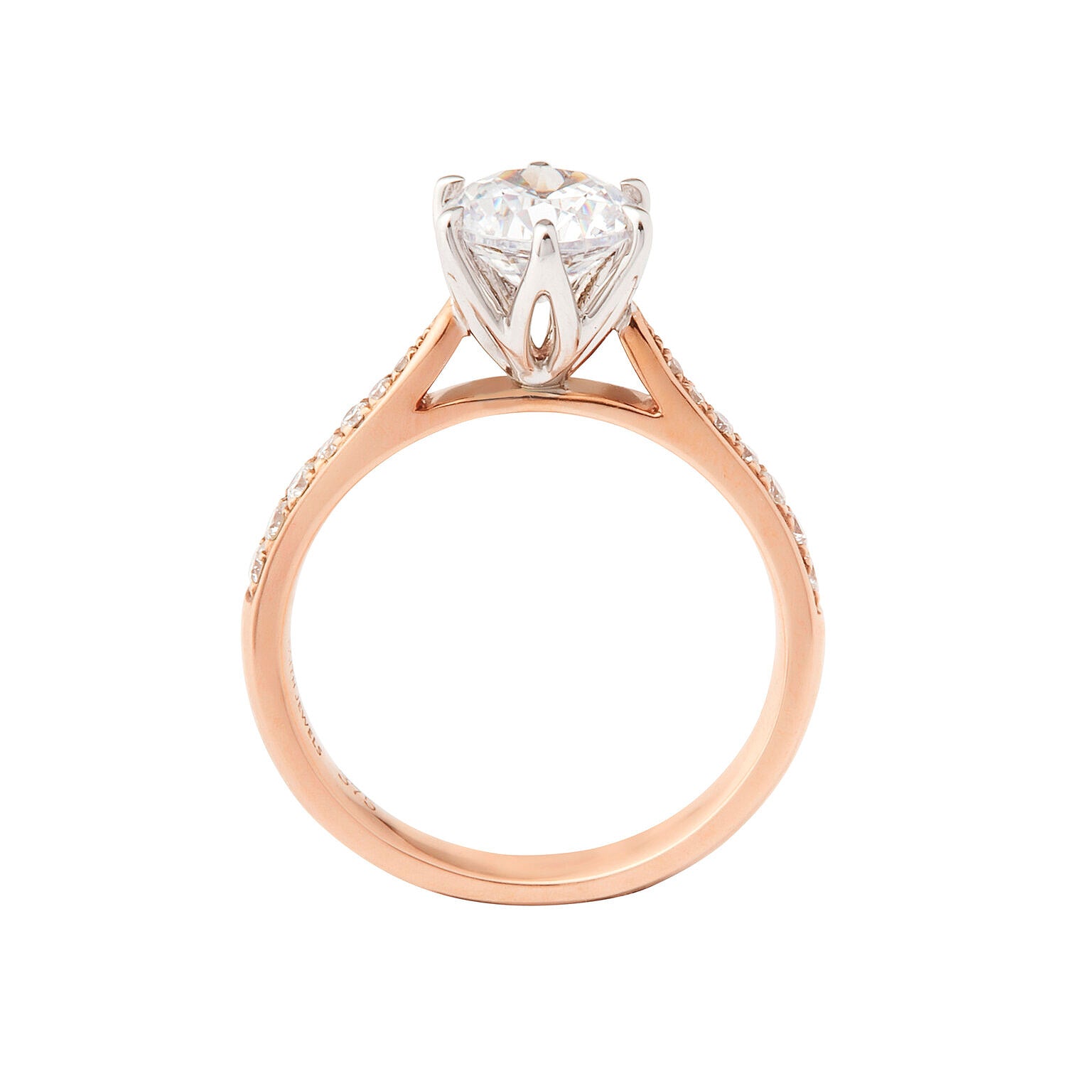 Faith Jewels Clarissa rose gold engagement ring featuring a round brilliant center diamond with pavé-set side stones and a six-prong setting