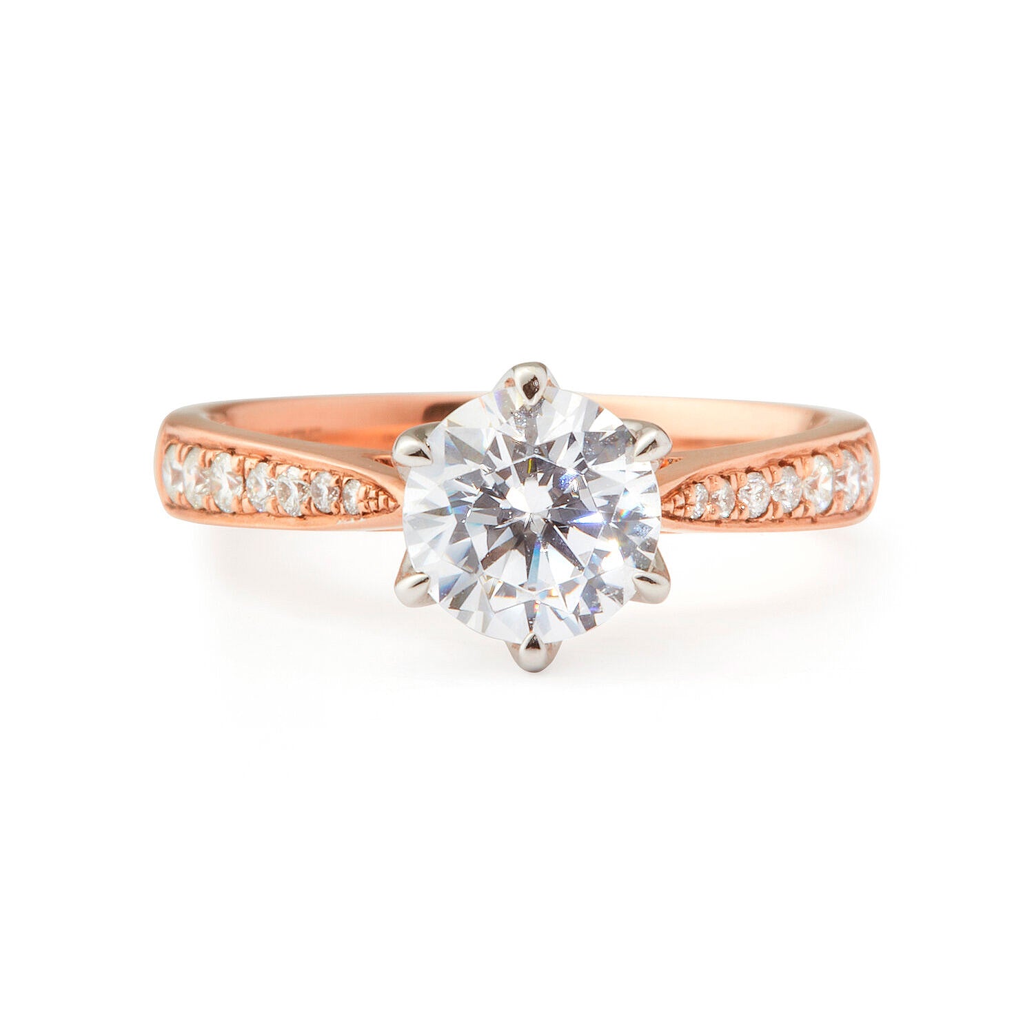 Faith Jewels Clarissa rose gold engagement ring featuring a round brilliant center diamond with pavé-set side stones and a six-prong setting