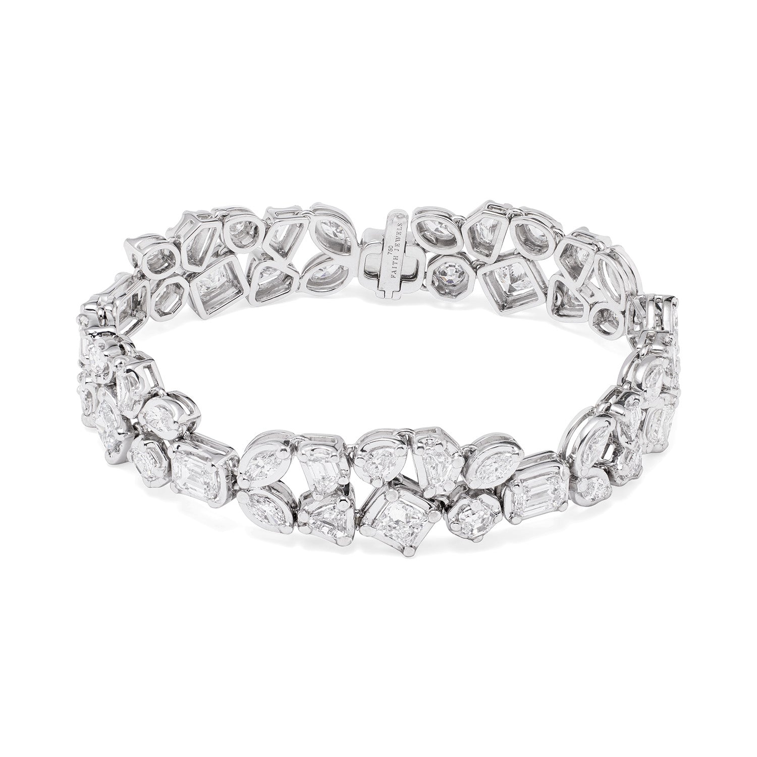 Faith Jewels Bouquet Diamond Bracelet featuring a mix of Marquis, Pear, Hexagon, Shield, Trapezoid, Epaulette, Emerald, and Princess-cut diamonds totaling 10.10 carats