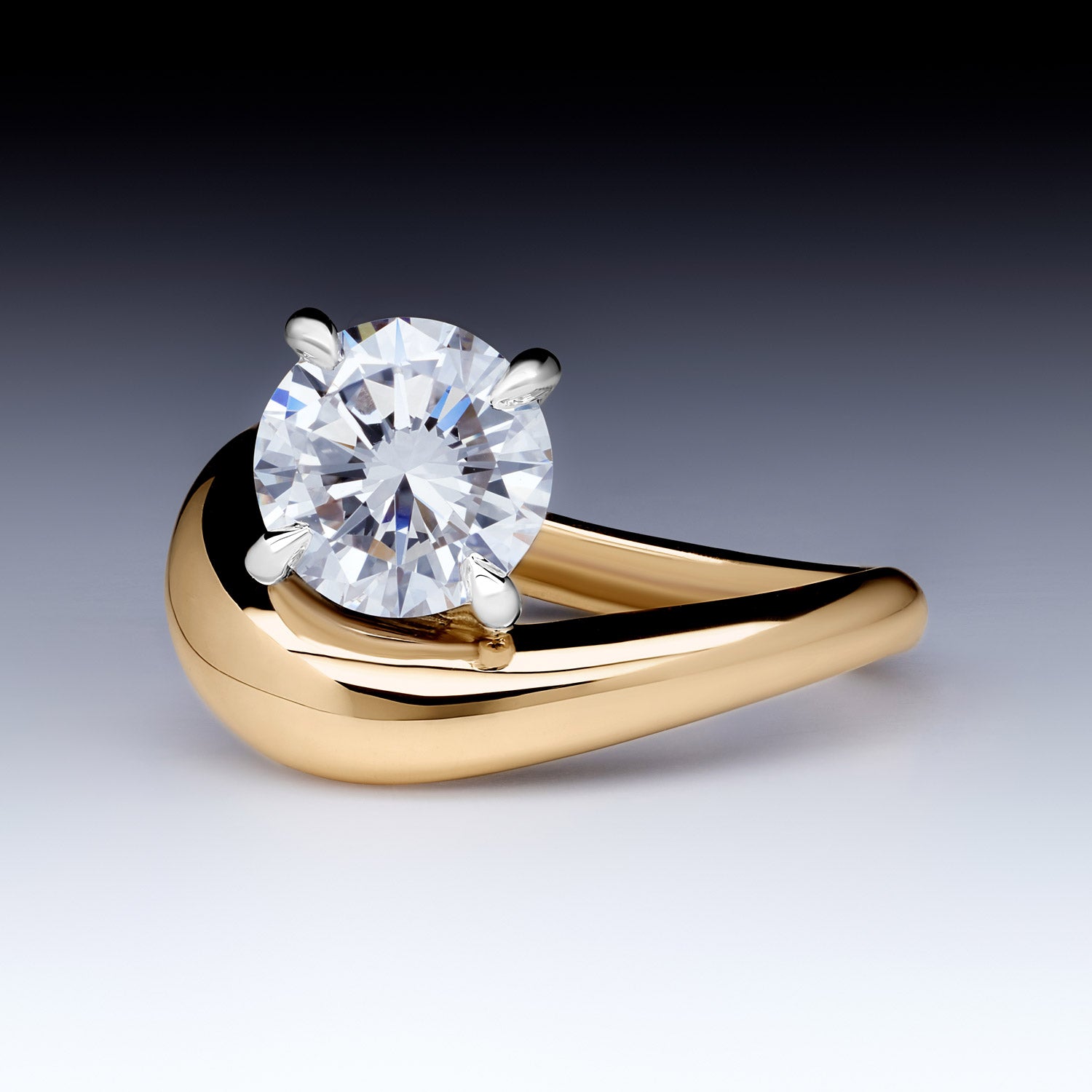 Faith Jewels Eclipse Curve round diamond ring with a bold curved yellow gold band