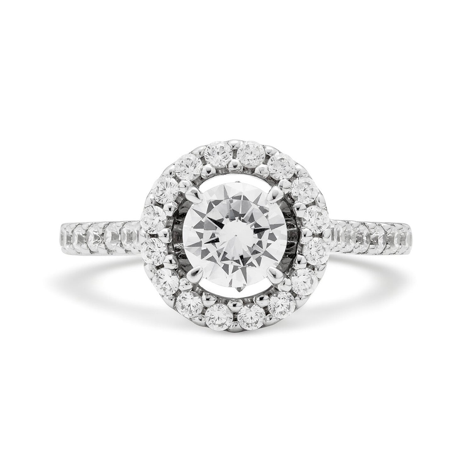Faith Jewels Florence diamond engagement ring with a round-cut diamond surrounded by a halo of white diamonds and a half pavé-set band