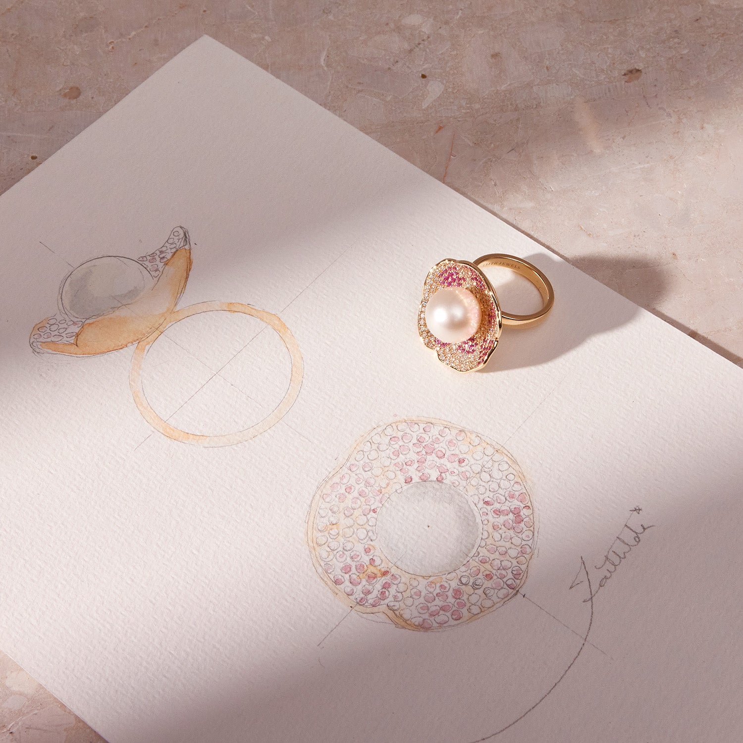 Faith Jewels Rose gold ring and earrings set with a central pearl, pink and white pavé diamonds, and petal-like design.