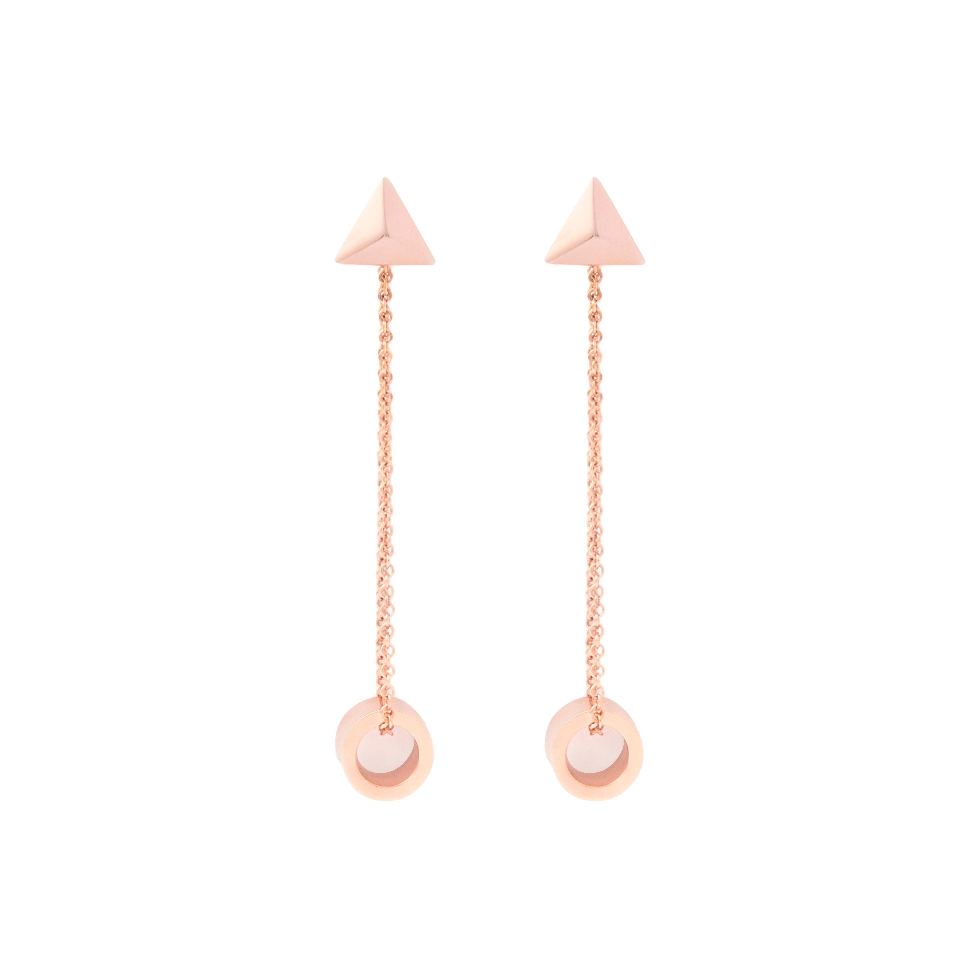 Freedom 18k rose gold drop earrings featuring polished rings with single brilliant-cut white diamonds, suspended from fine trace chains
