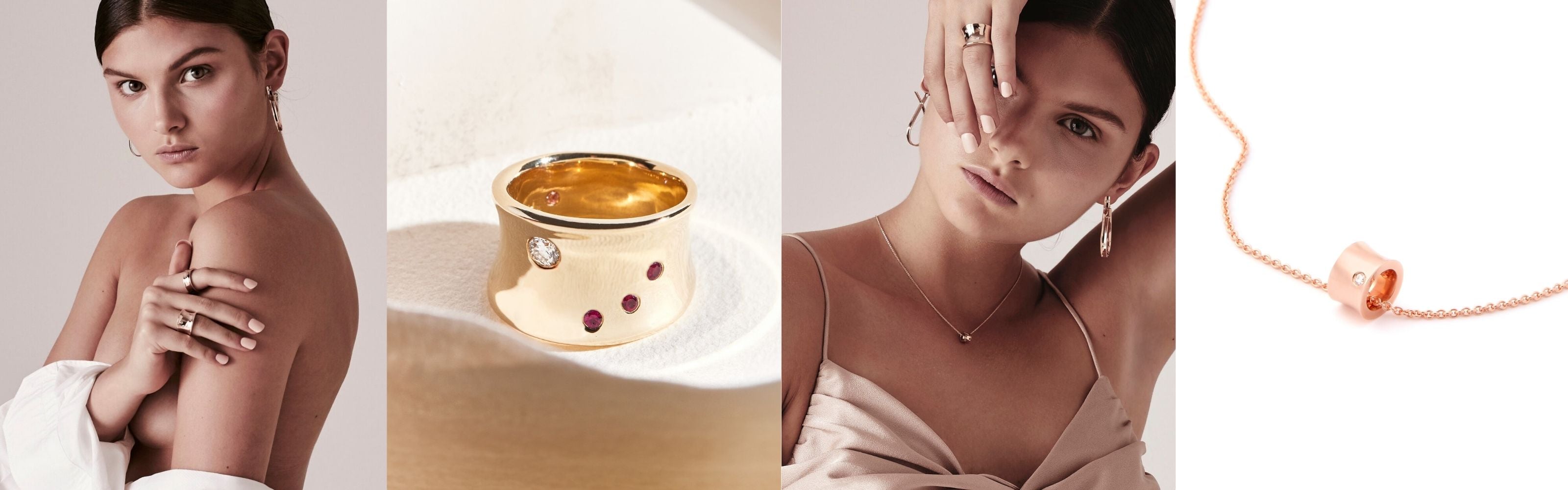 Faith Jewels rose gold necklace and ring with a high-polish finish, worn on model