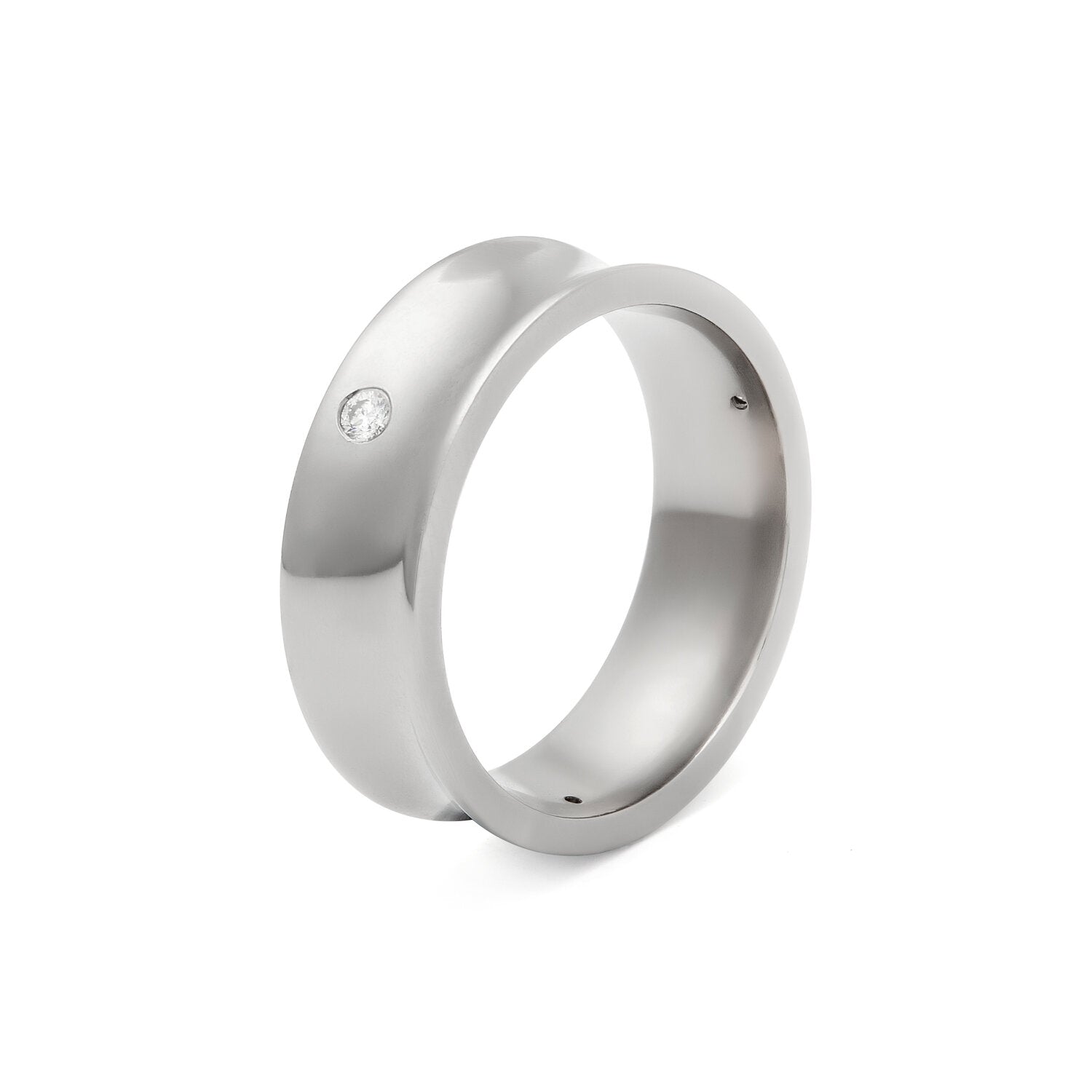 Faith Jewels Freedom slim high-polish titanium ring with a concave top and three brilliant-cut white diamonds.