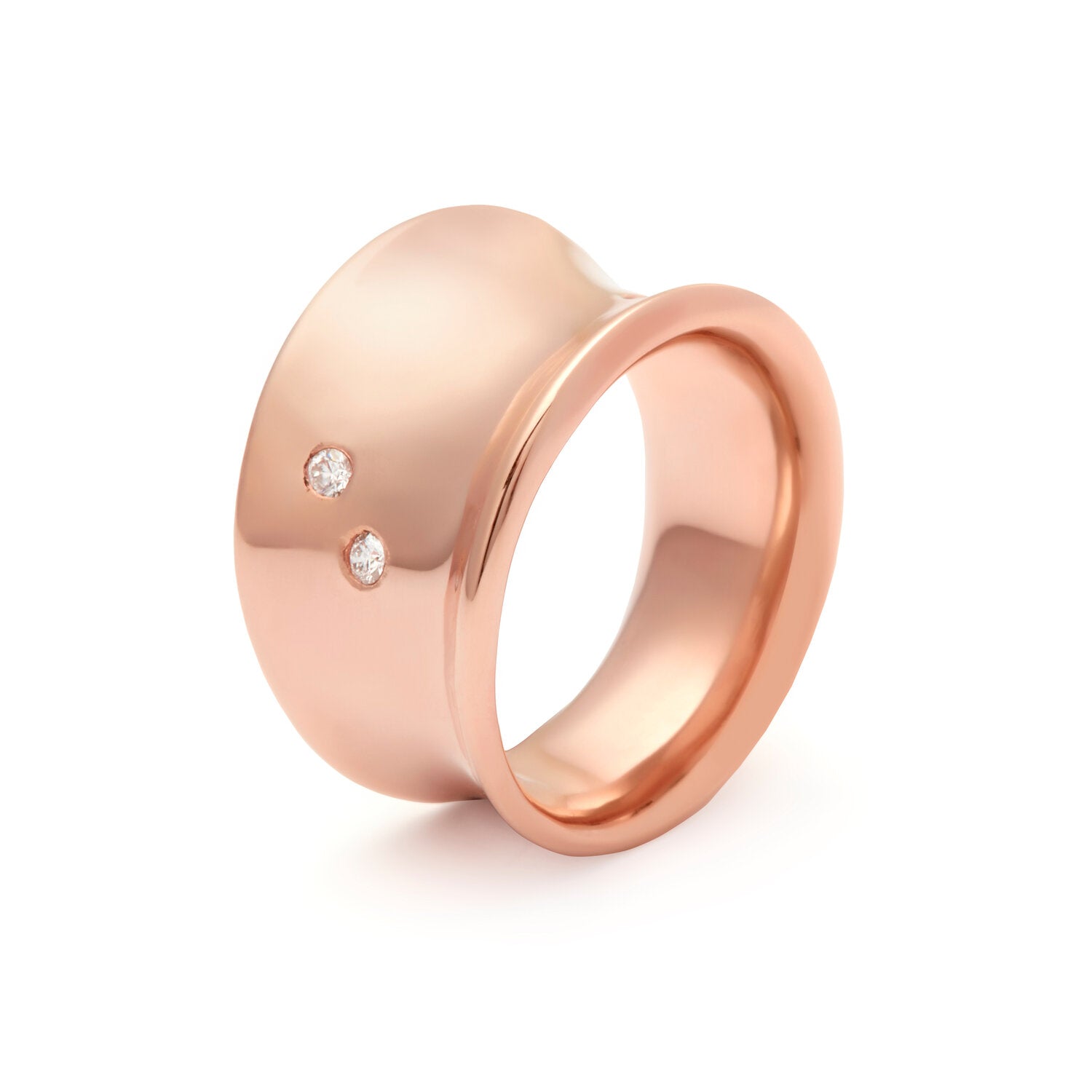 Faith Jewels wide 9k rose gold ring with a high-polish finish, featuring a concave top and three brilliant-cut white diamonds