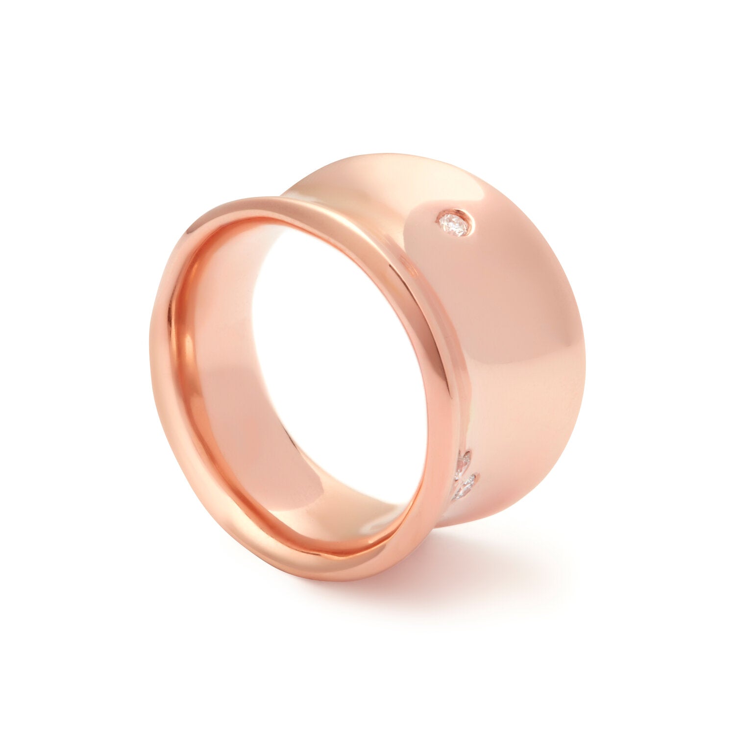 Faith Jewels wide 9k rose gold ring with a high-polish finish, featuring a concave top and three brilliant-cut white diamonds