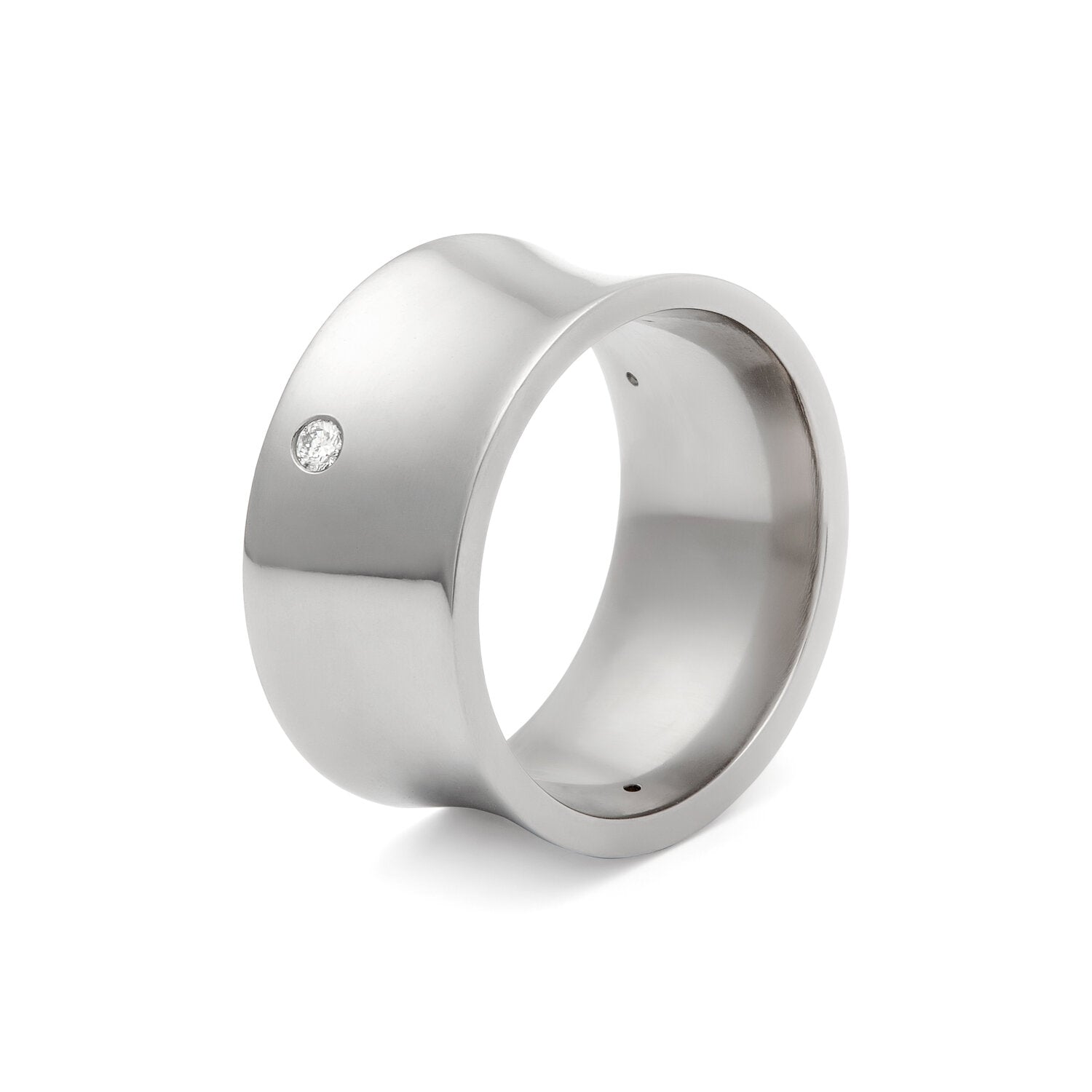 Faith Jewels Freedom Wide titanium ring with a high-polish finish, featuring a concave top and three brilliant-cut white diamonds