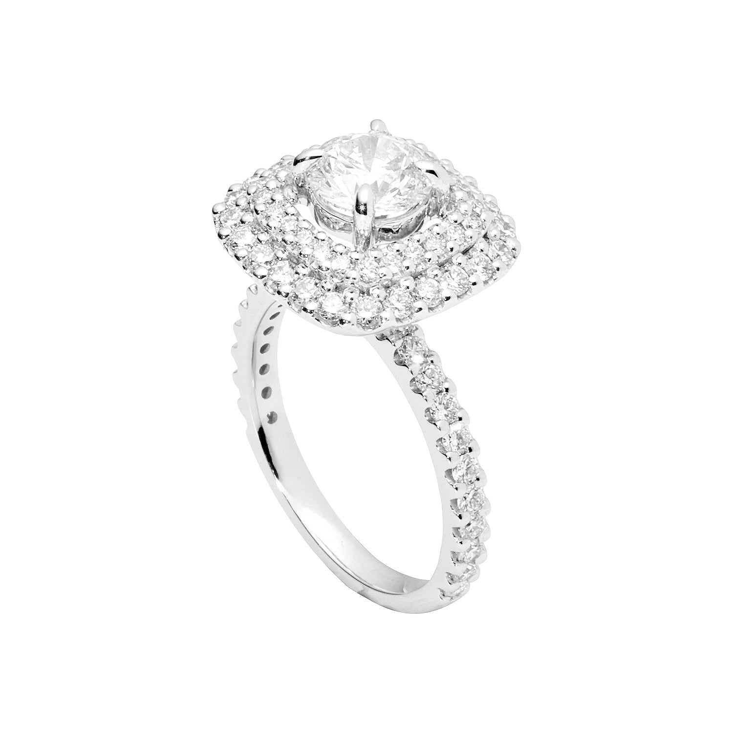 Faith Jewels Hepburn diamond engagement ring with a round brilliant-cut diamond center, double diamond halo, and pavé diamond band