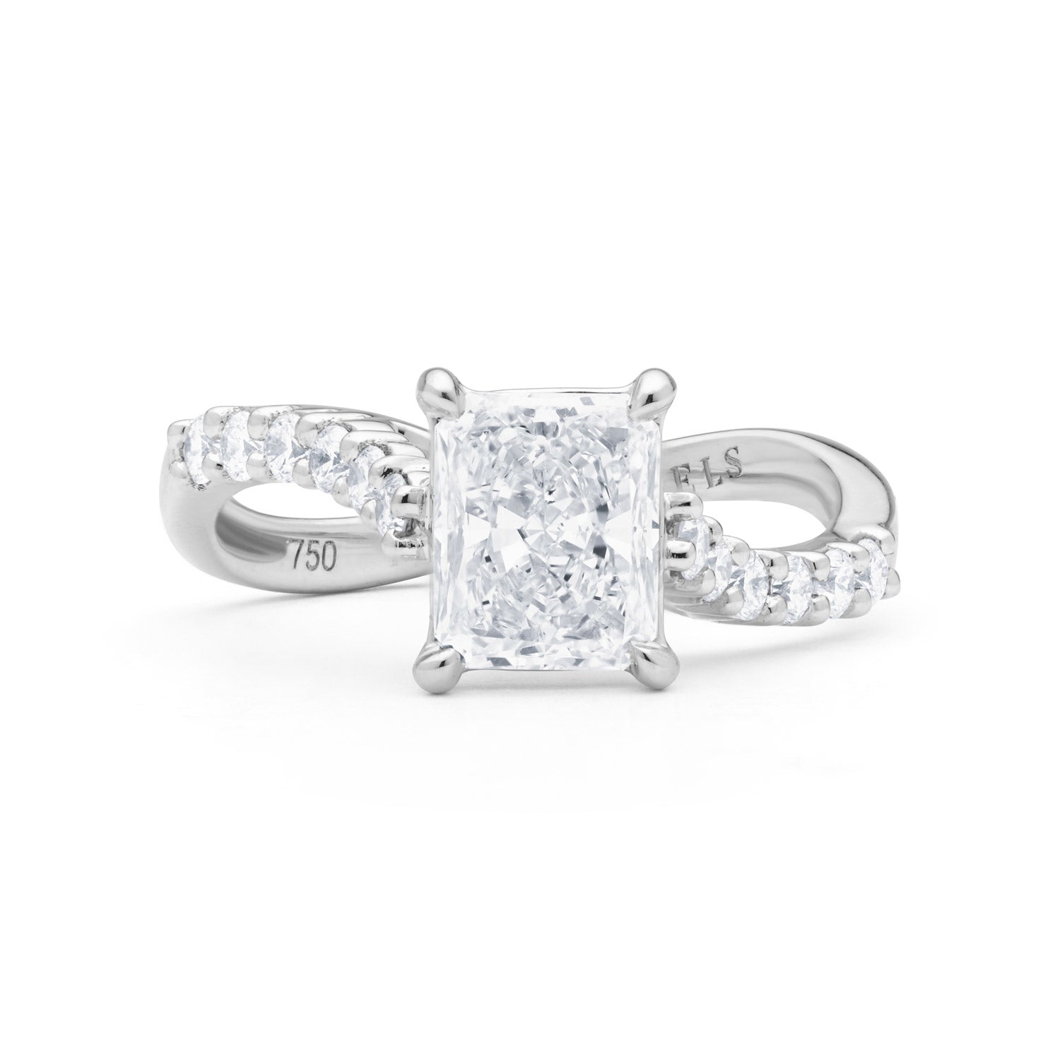 Faith Jewels Infinite Love Diamond ring featuring intertwined infinity loops, a radiant emerald-cut diamond center, and diamond-accented 18k white gold band