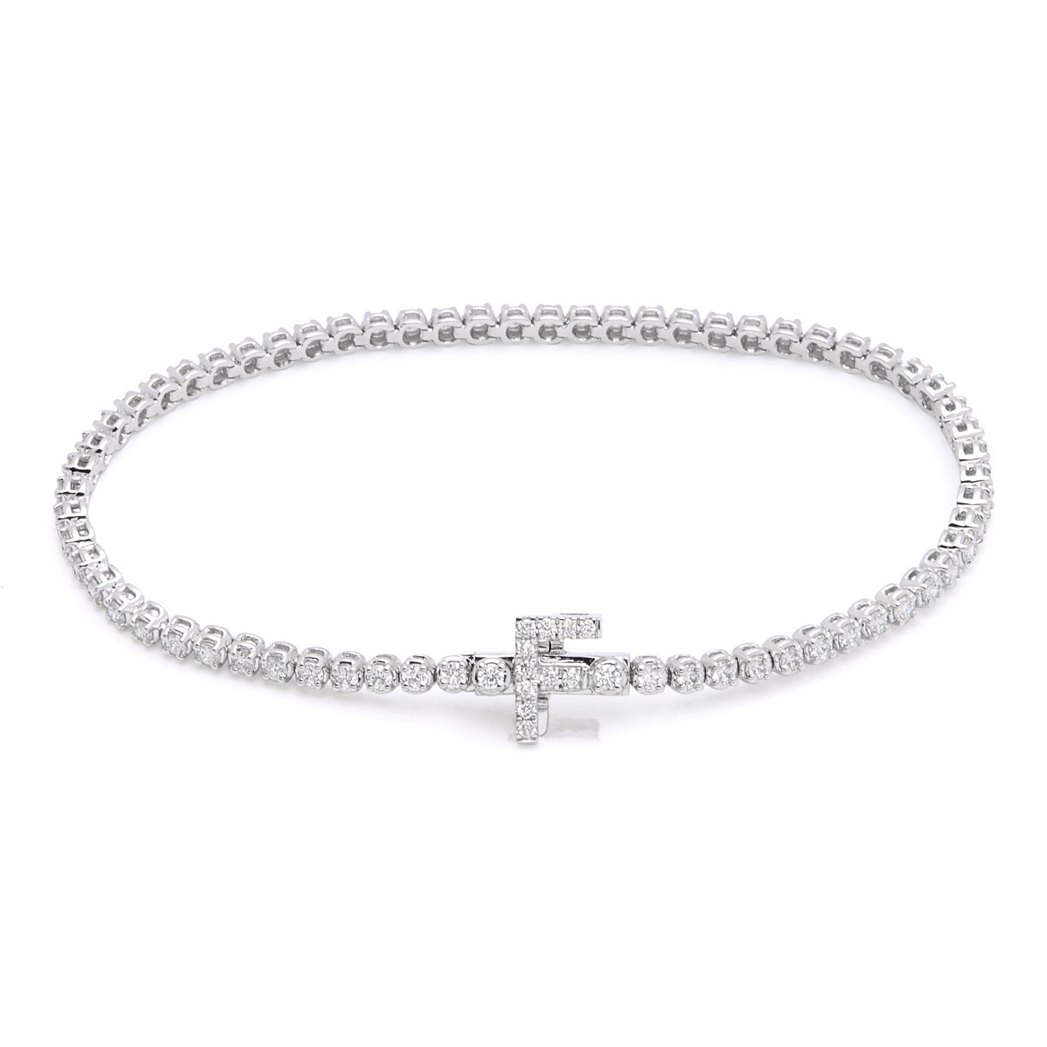 Faith Jewels bespoke initial diamond tennis bracelets in white gold, each featuring a unique clasp shaped as a letter F — set with round brilliant-cut diamonds