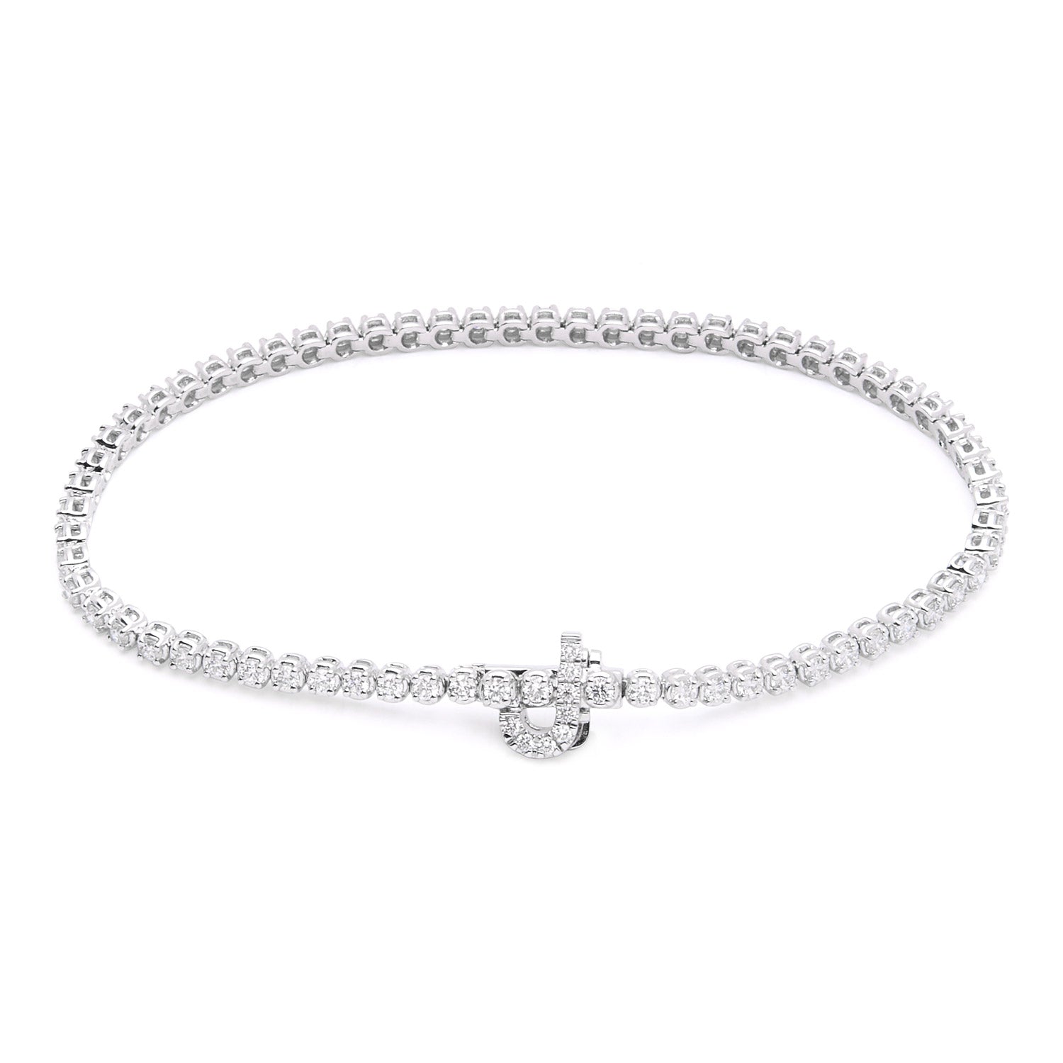 Faith Jewels bespoke initial diamond tennis bracelets in white gold, each featuring a unique clasp shaped as a letter J — set with round brilliant-cut diamonds