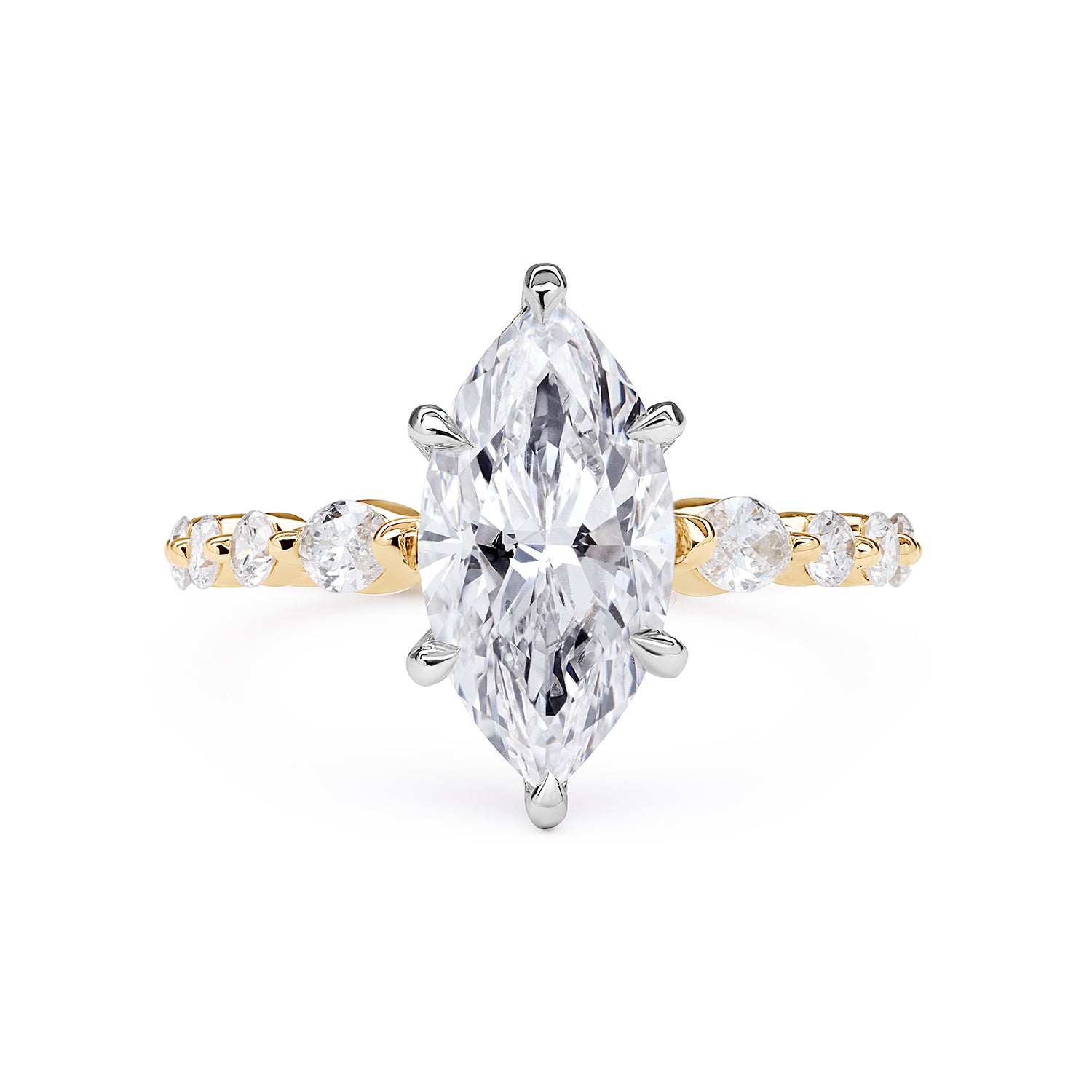 Julia Engagement Ring marquise-cut diamond engagement ring featuring a brilliant center stone with a gold band adorned with round accent diamonds by Faith Jewels