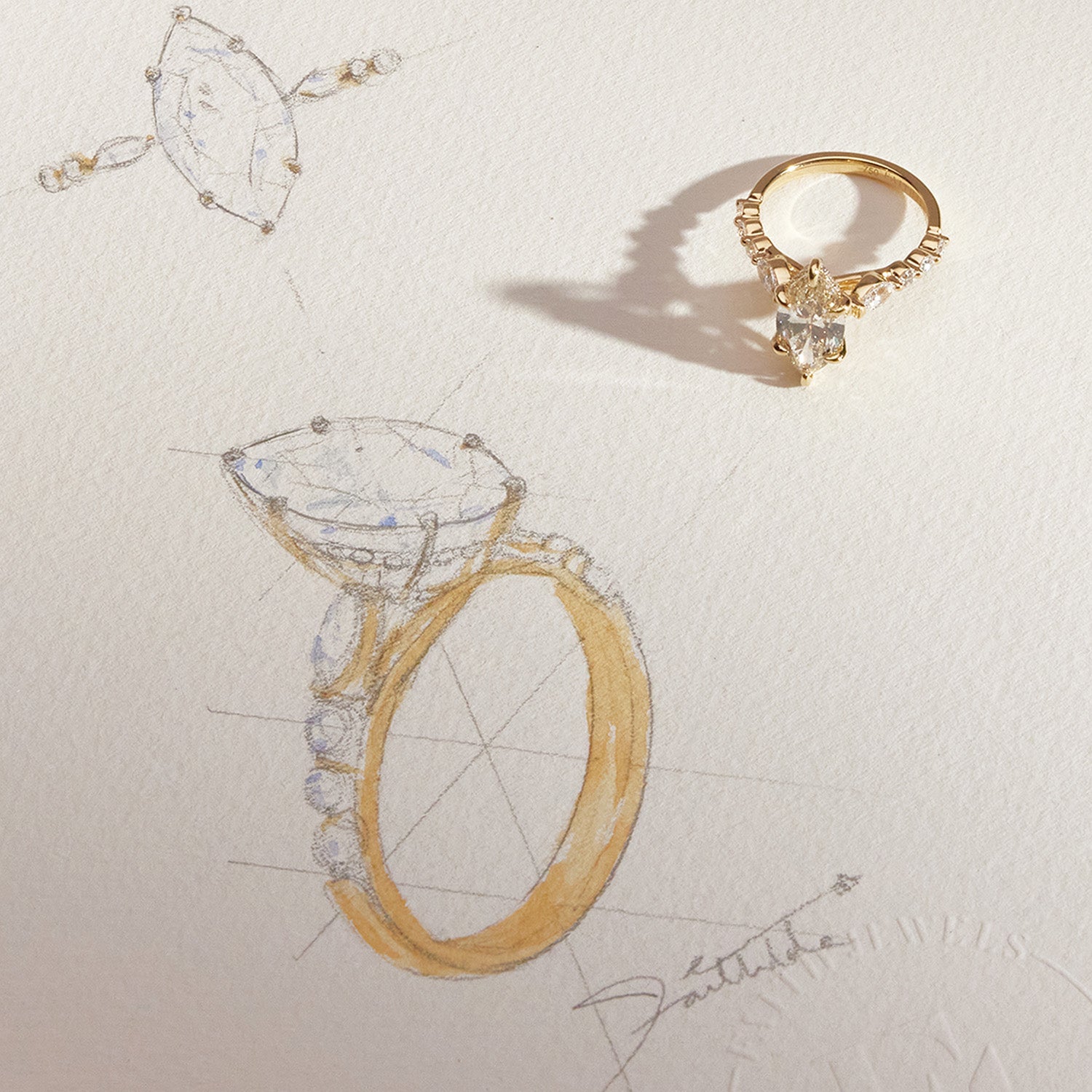 Julia Engagement Ring marquise-cut diamond engagement ring featuring a brilliant center stone with a gold band adorned with round accent diamonds by Faith Jewels