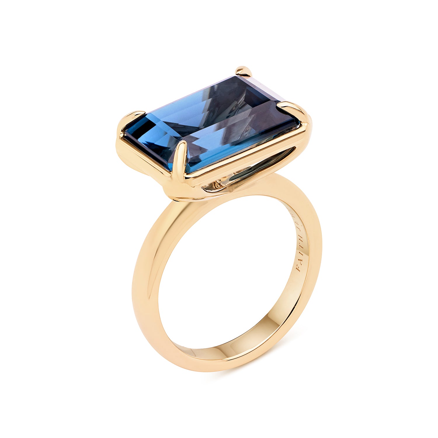 14ct London blue topaz bold statement ring in 9k yellow gold, horizontal Horizon design with Faros band