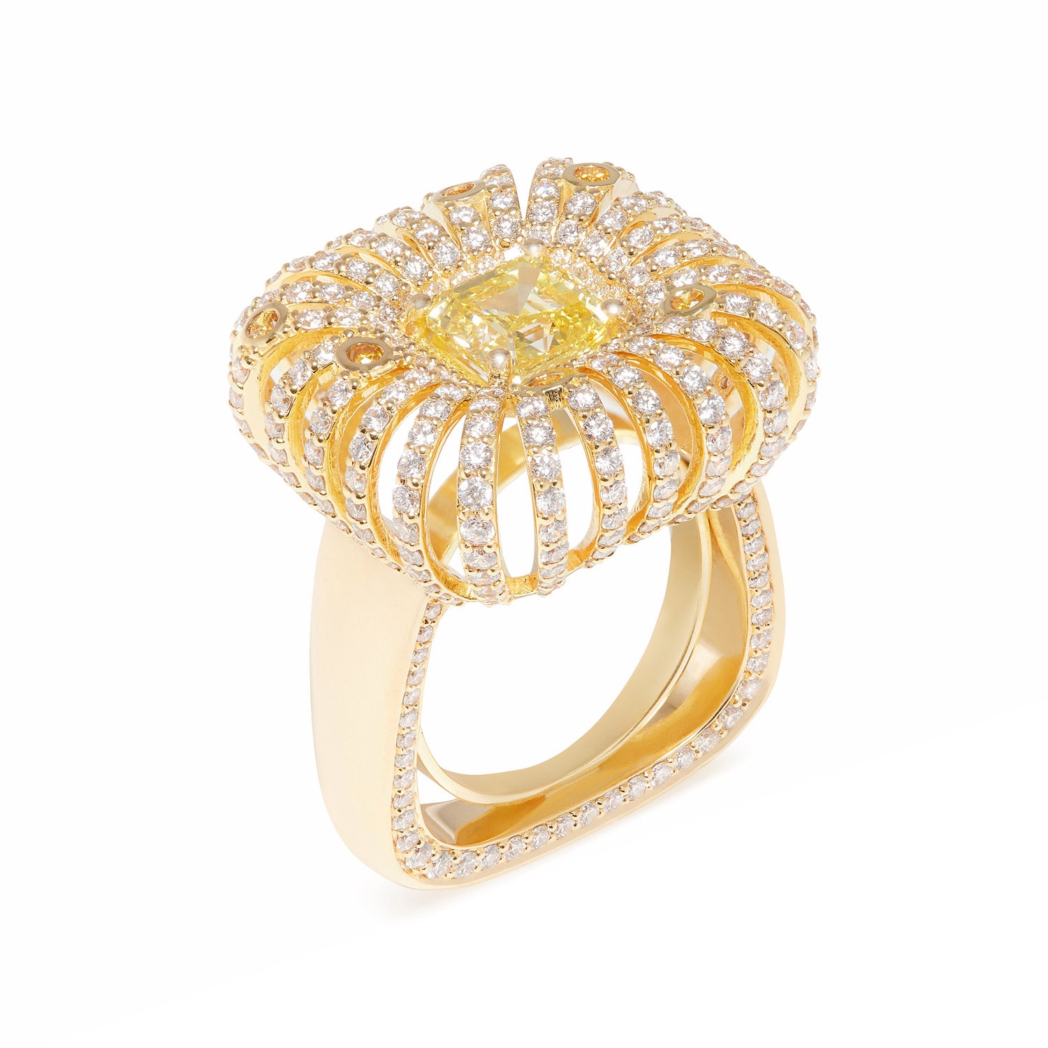 Faith Jewels Mirragio yellow diamond ring with cascading diamonds radiating from a central yellow diamond, inspired by Egyptian and Italian heritage