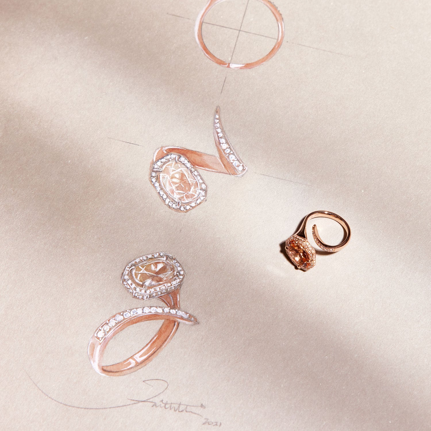 Faith Jewels Serpenti ring in 18k rose gold featuring a pink morganite center surrounded by a halo of white diamonds