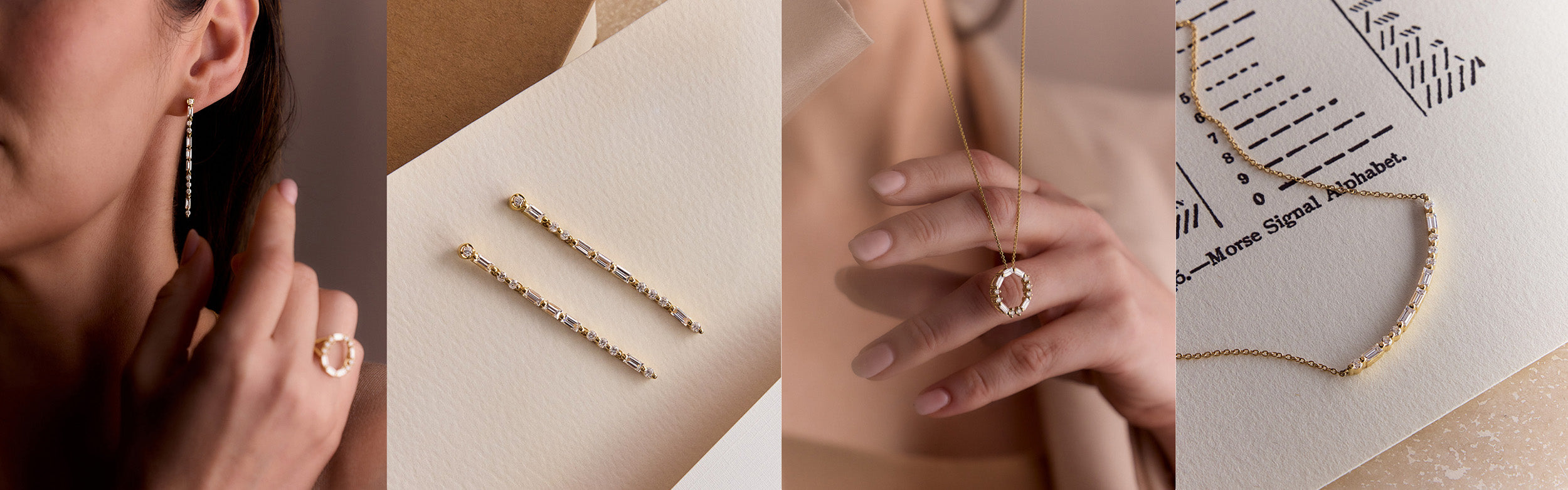 Gold morse code earrings, ring, bangle and necklace worn on model and shot on paper.