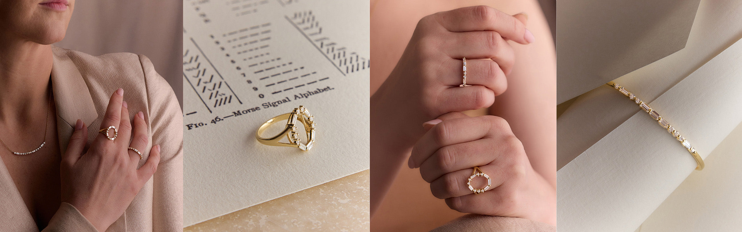 Gold morse code ring, bangle and necklace worn on model and shot on paper.