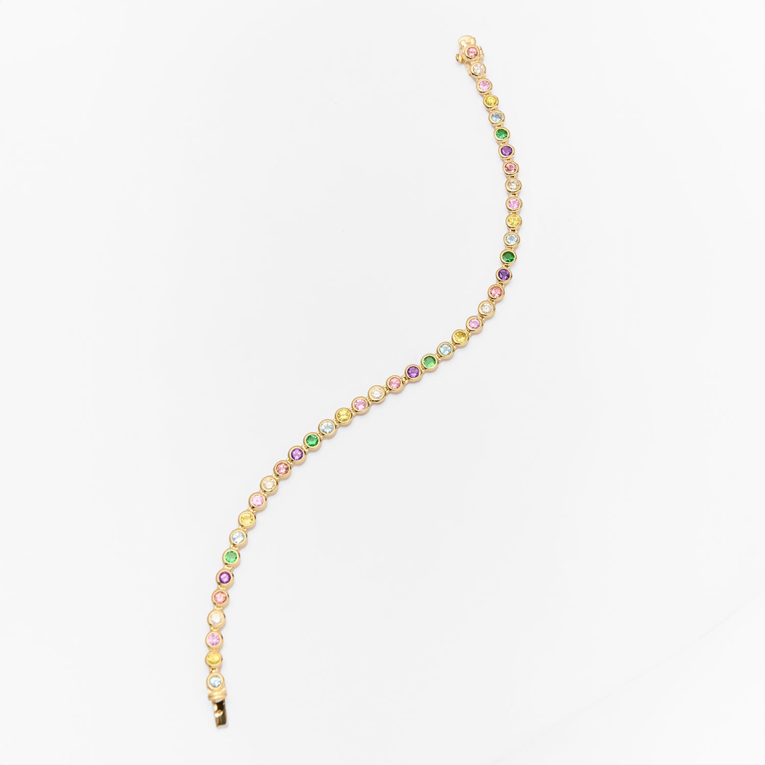 Faith Jewels Rainbow Tennis Bracelet featuring a vibrant mix of aquamarine, sapphires, white diamonds, garnet, peach, and amethyst gemstones totaling 2.80 carats, set in a sleek yellow gold chain