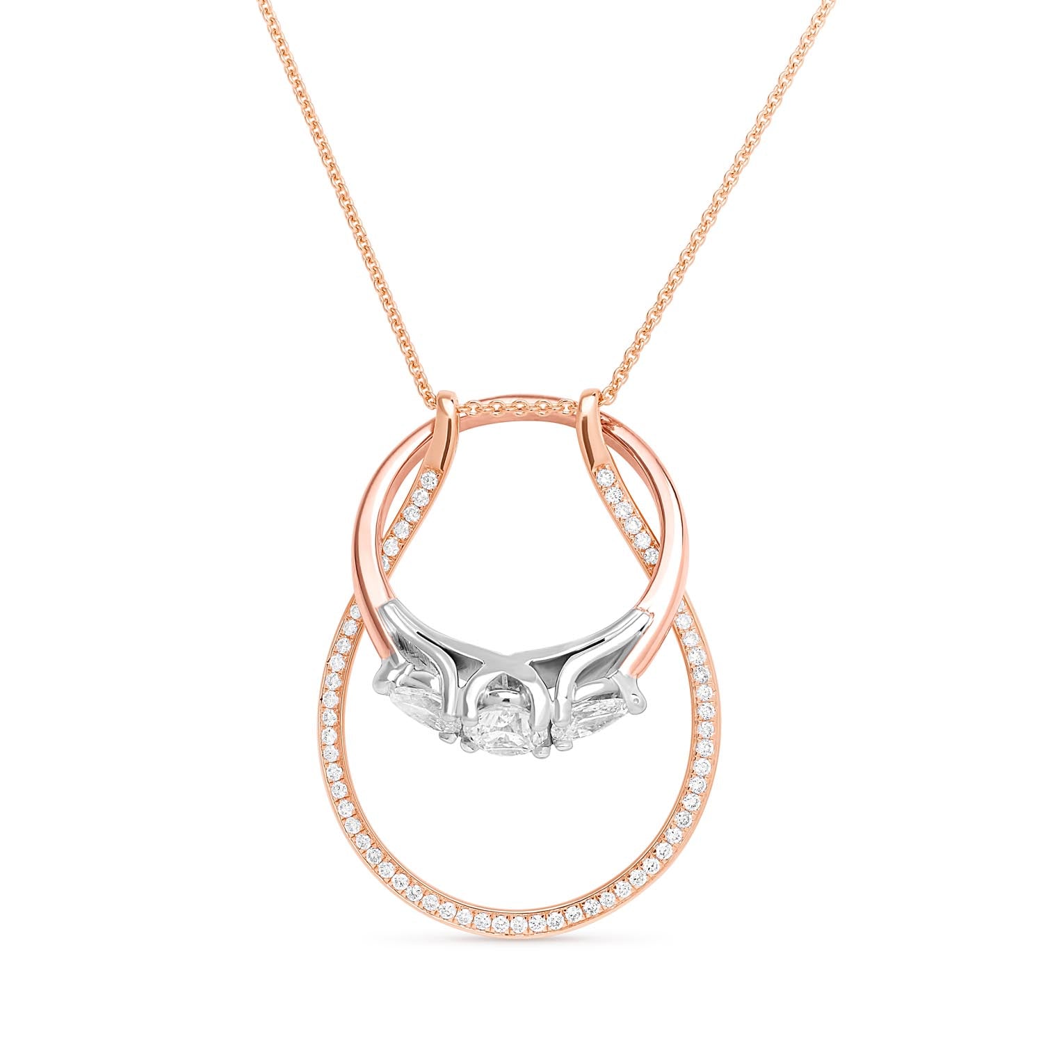 Faith Jewels 18k rose gold ring holder necklace with 0.50ct natural diamonds, featuring a dual-length trace chain and functional pendant for securing a diamond engagement ring