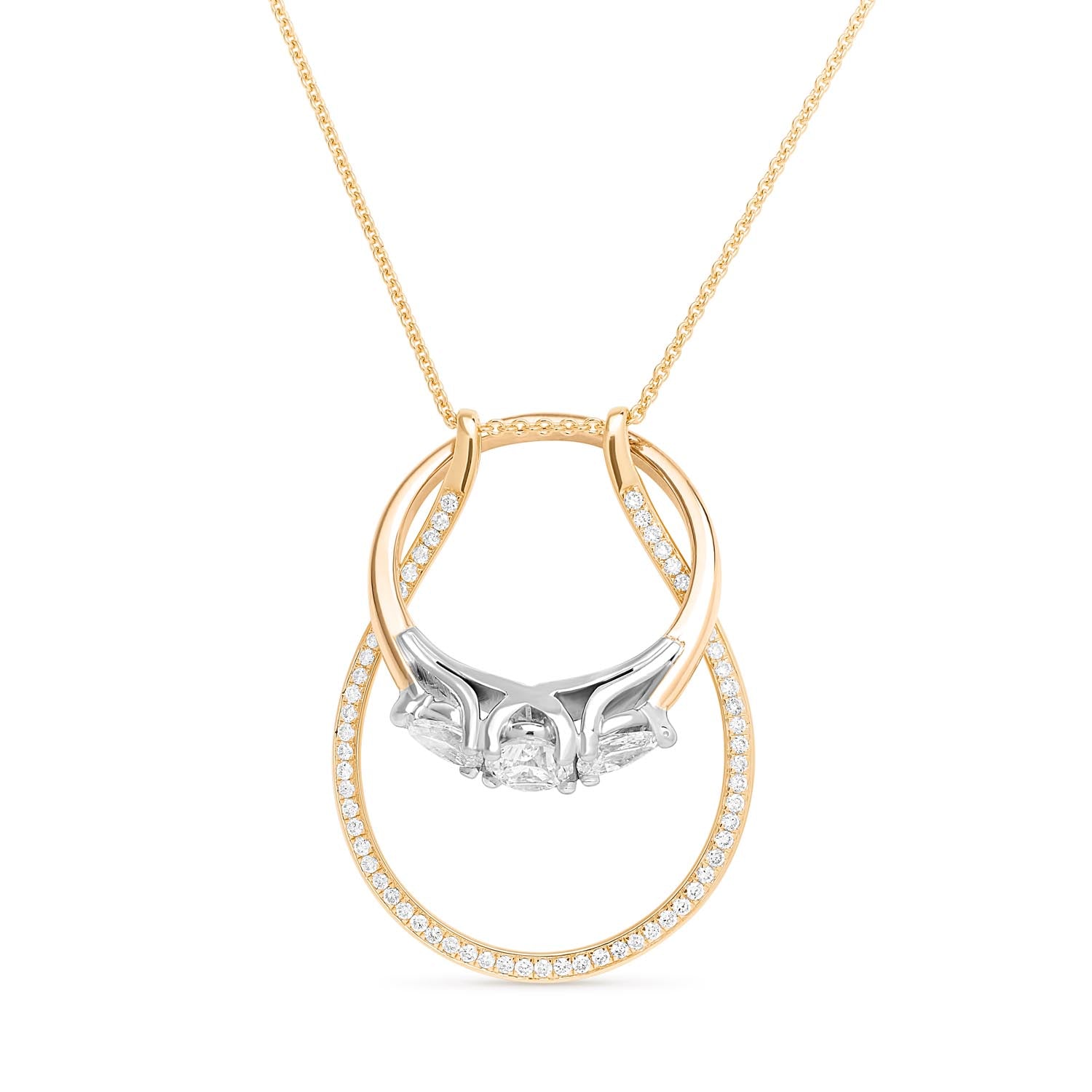 Faith Jewels 18k yellow gold ring holder necklace with 0.50ct natural diamonds, featuring a dual-length trace chain and functional pendant for securing a diamond engagement ring