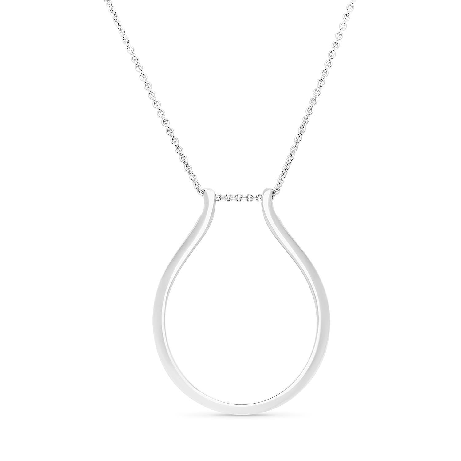 Faith Jewels 18k white gold ring holder necklace featuring a dual-length trace chain and functional pendant for securing a ring