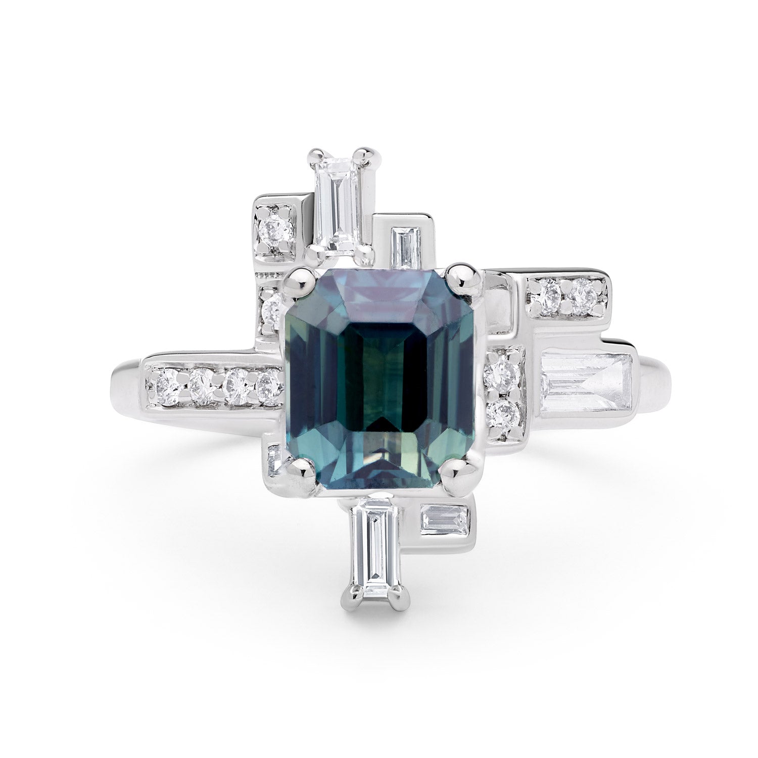 Faith Jewels Skyline ring featuring a 1.97ct teal-blue octagonal step-cut sapphire surrounded by brilliant and baguette-cut white diamonds in 18k white gold