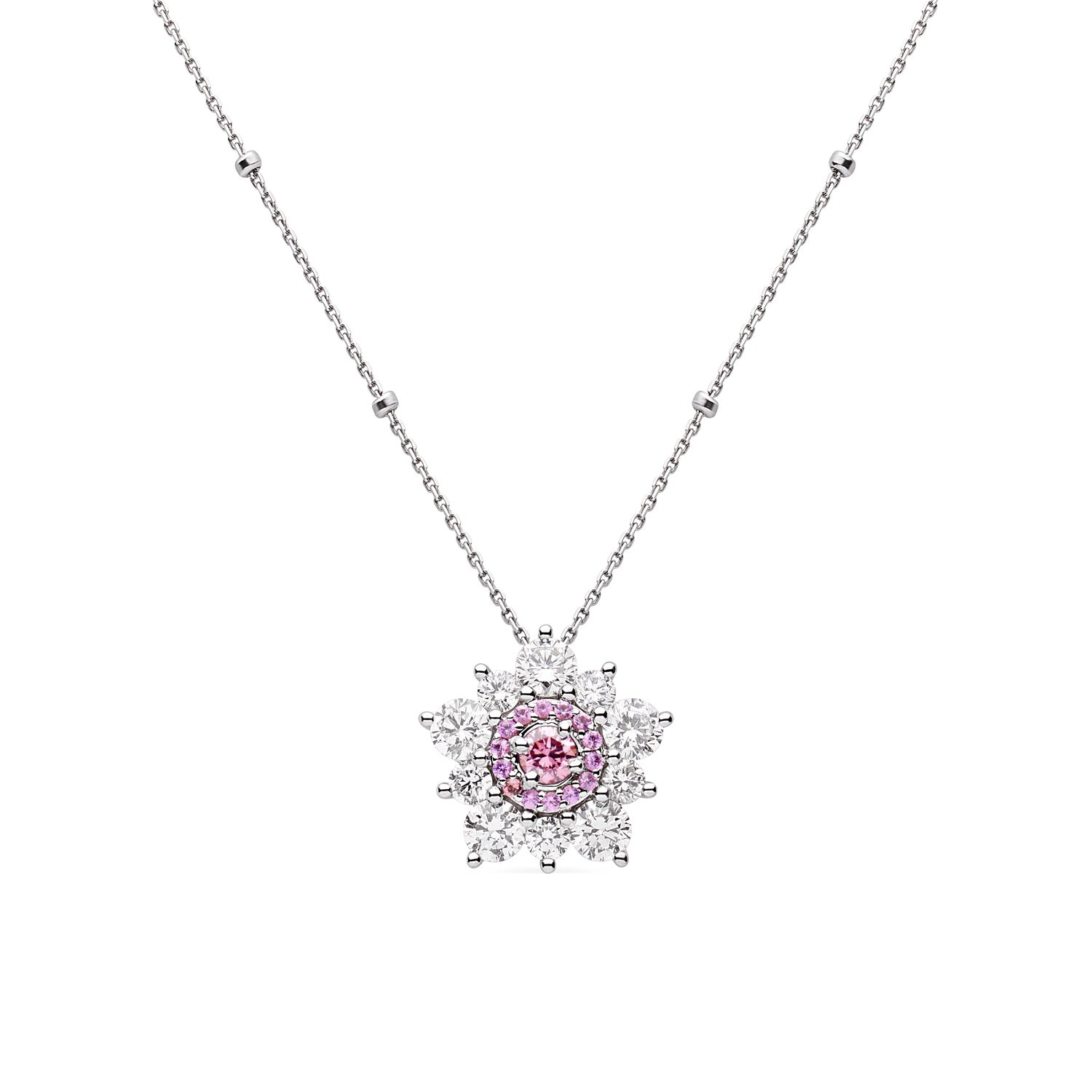 Snowflake Pendant in white gold with pink sapphire and diamond halo